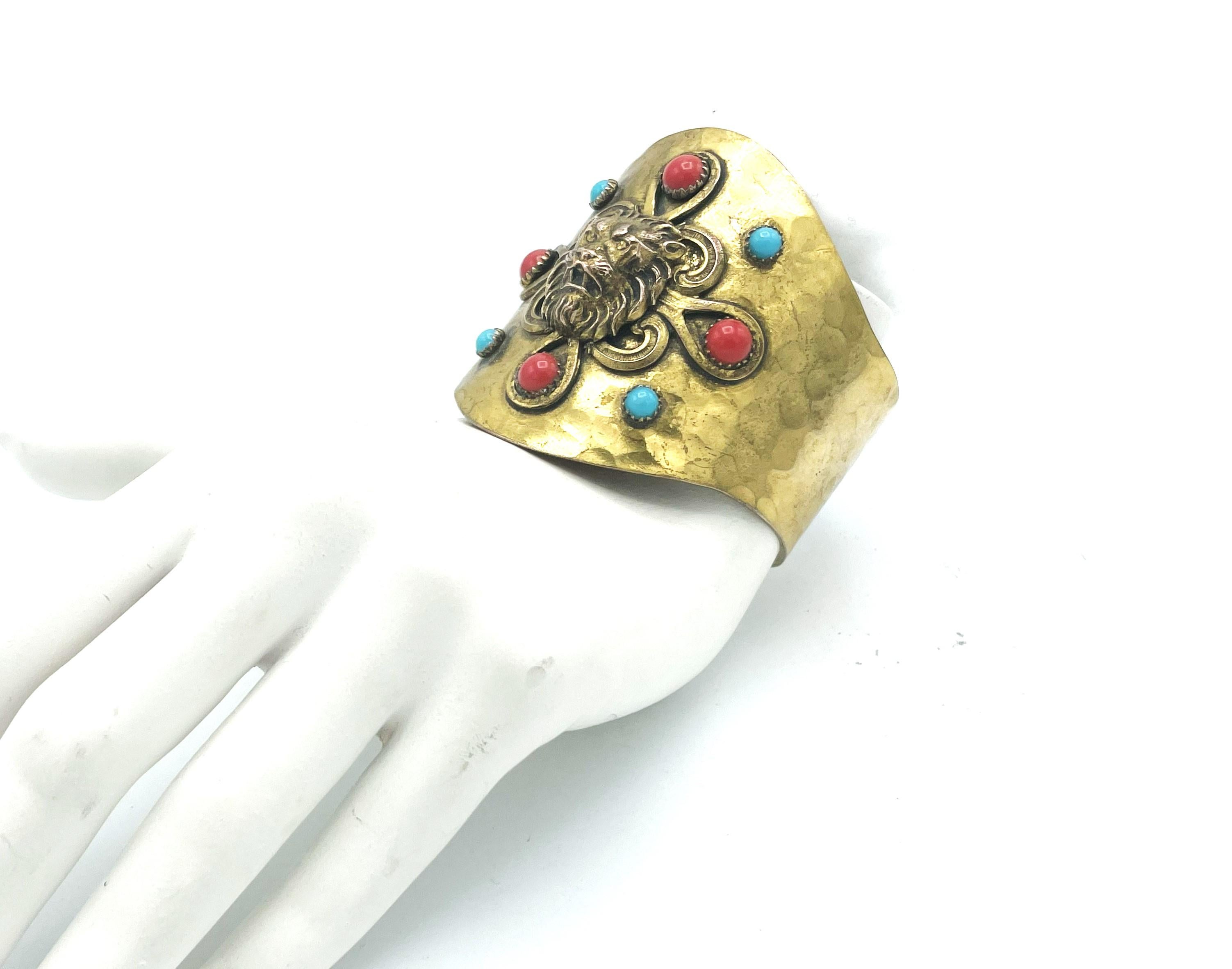 Women's CHANEL cuff/bracelet hammered gold plated metal iconic lions , early 1965's For Sale