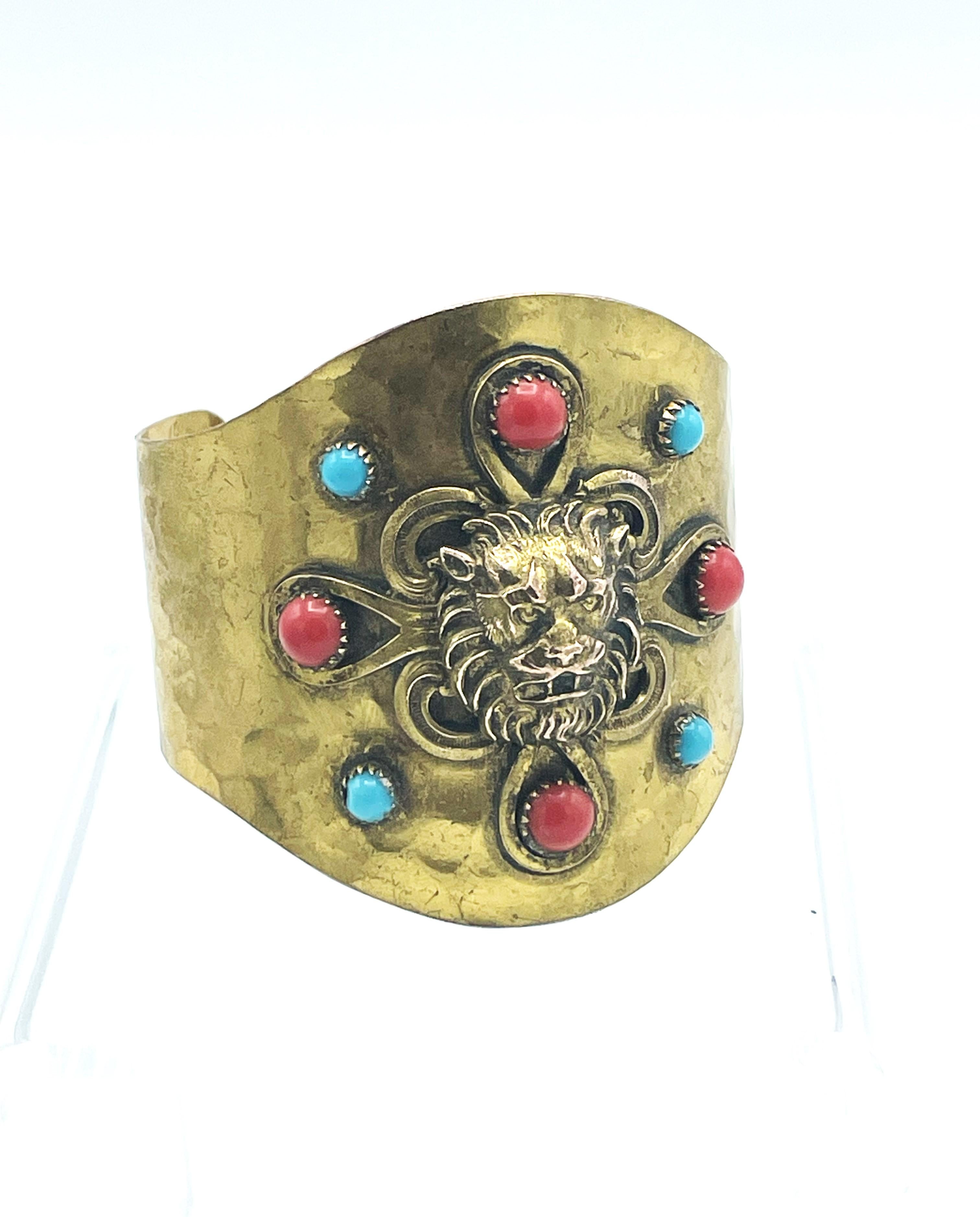 CHANEL cuff/bracelet hammered gold plated metal iconic lions , early 1965's For Sale 1