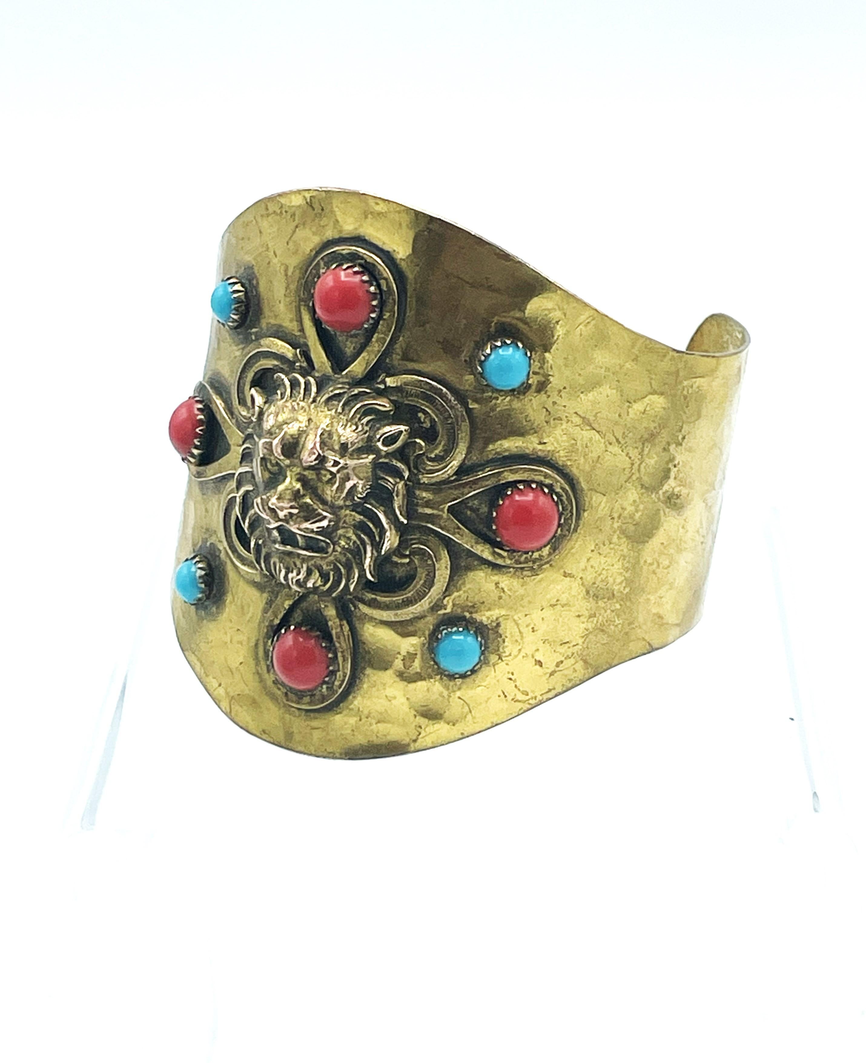 CHANEL cuff/bracelet hammered gold plated metal iconic lions , early 1965's For Sale 2