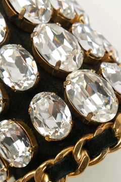 Chanel Cuff Bracelet in Black Leather and Gold Metal with Rhinestones