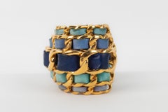 Chanel Cuff Bracelet in Golden Metal Interlaced with Blue Tone Leather, 1991