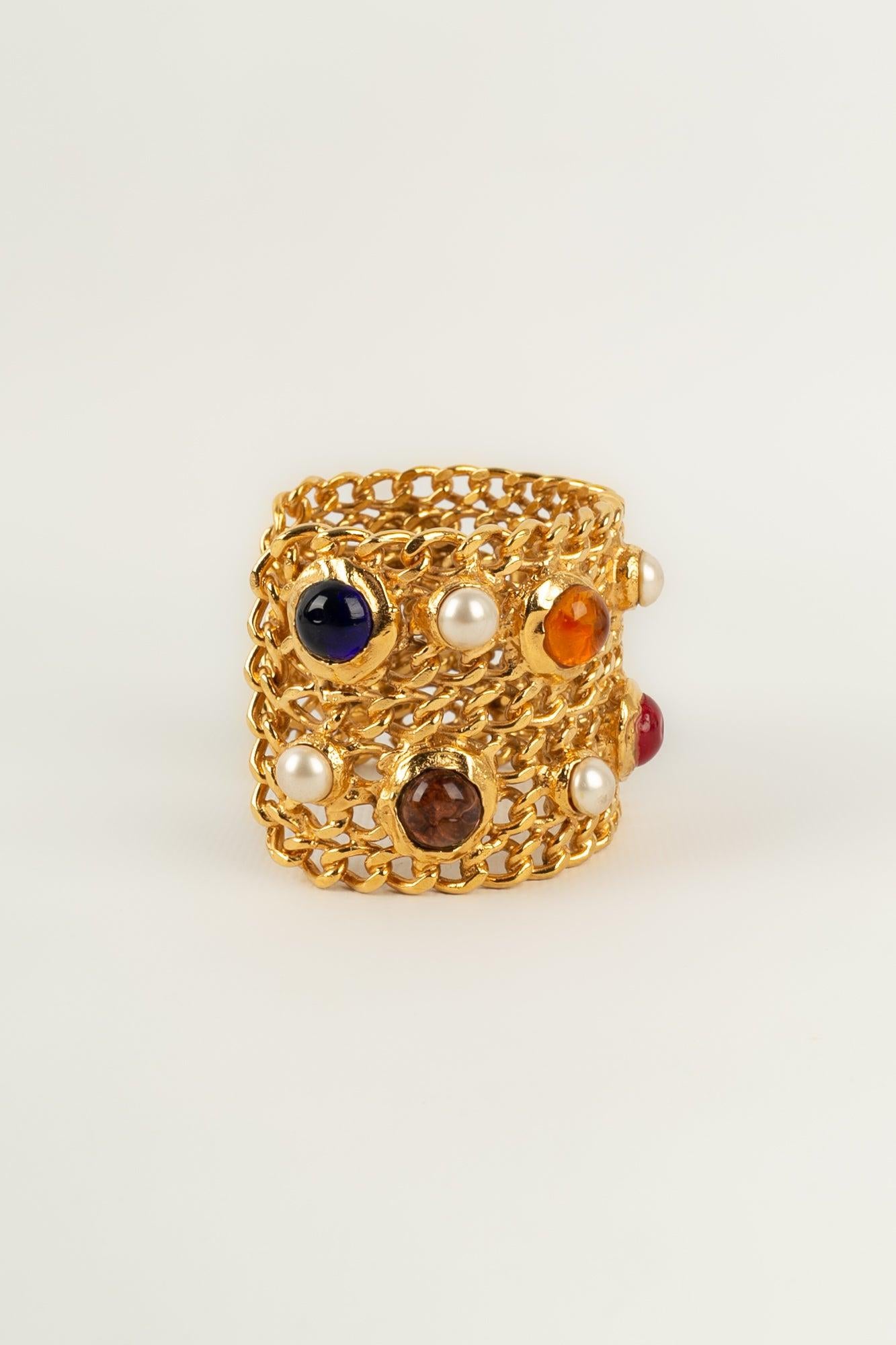 Chanel Cuff Bracelet in Golden Metal with Cabochons For Sale 1