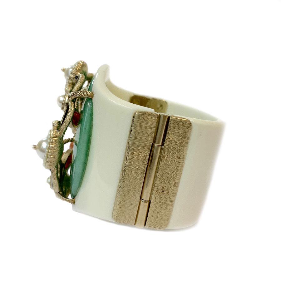 Women's CHANEL Cuff Bracelet in White Resin, Gilt Metal, Pearls and Green Glass