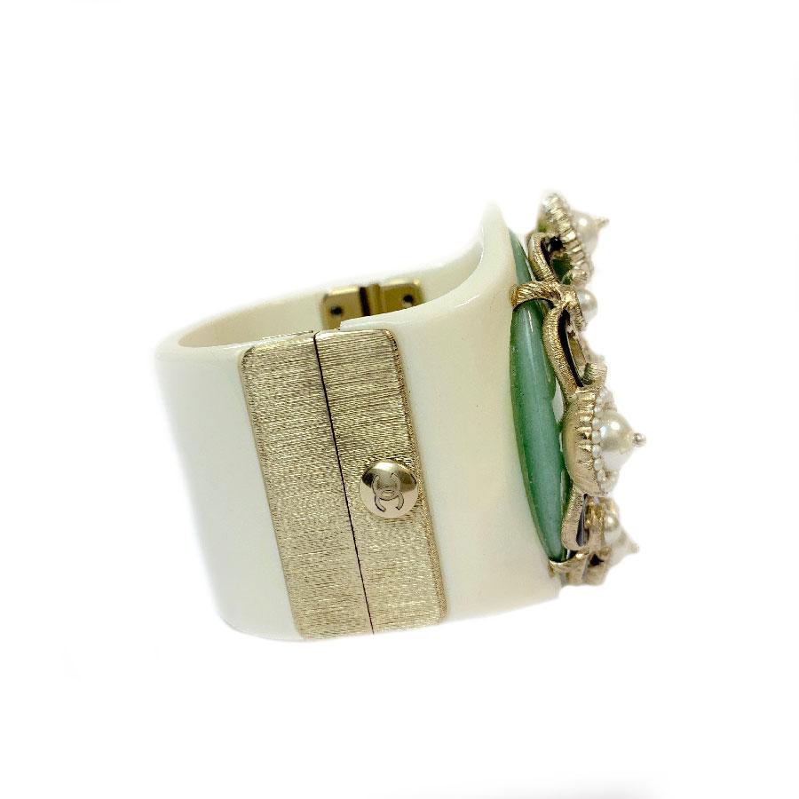 CHANEL Cuff Bracelet in White Resin, Gilt Metal, Pearls and Green Glass 2