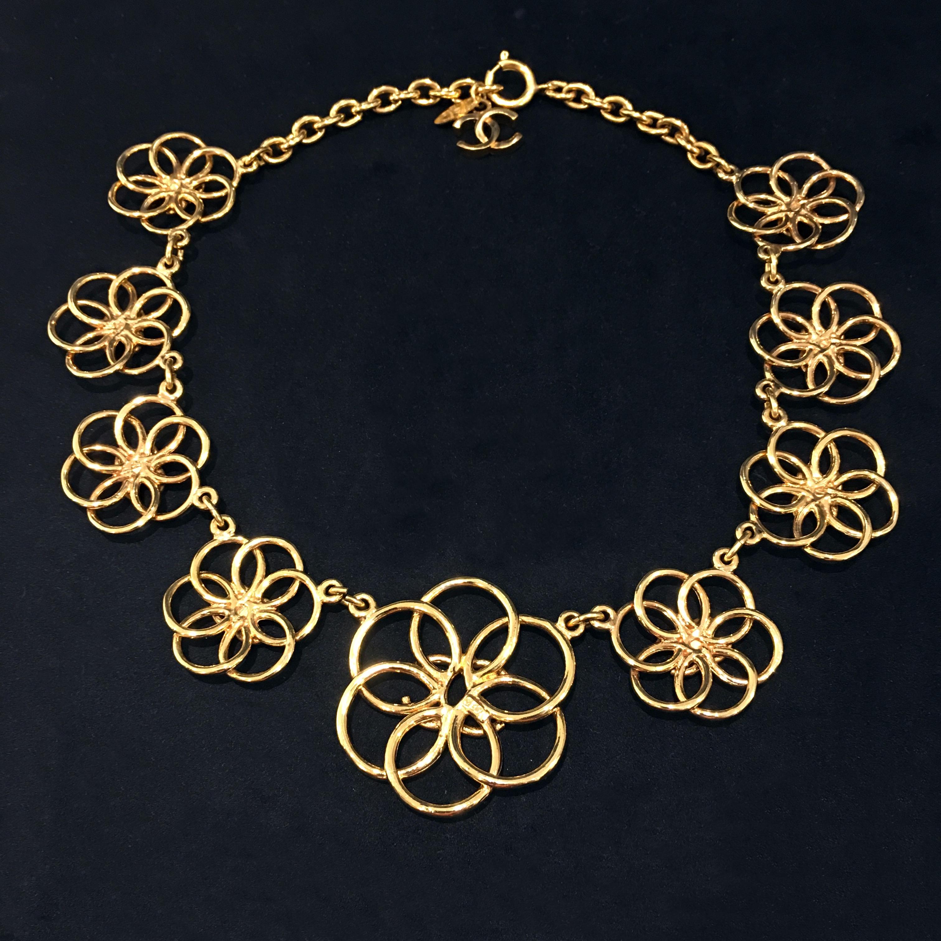 Women's or Men's Chanel Custom Gold Plated Flower Pendants Chain Short Necklace from 1980's For Sale