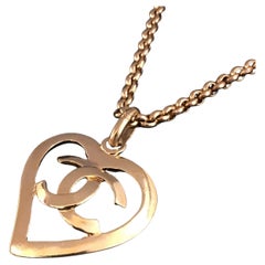 Retro Chanel Custom Gold Plated Gilt Metal CC Logo Heart Long Necklace 95P, 1995