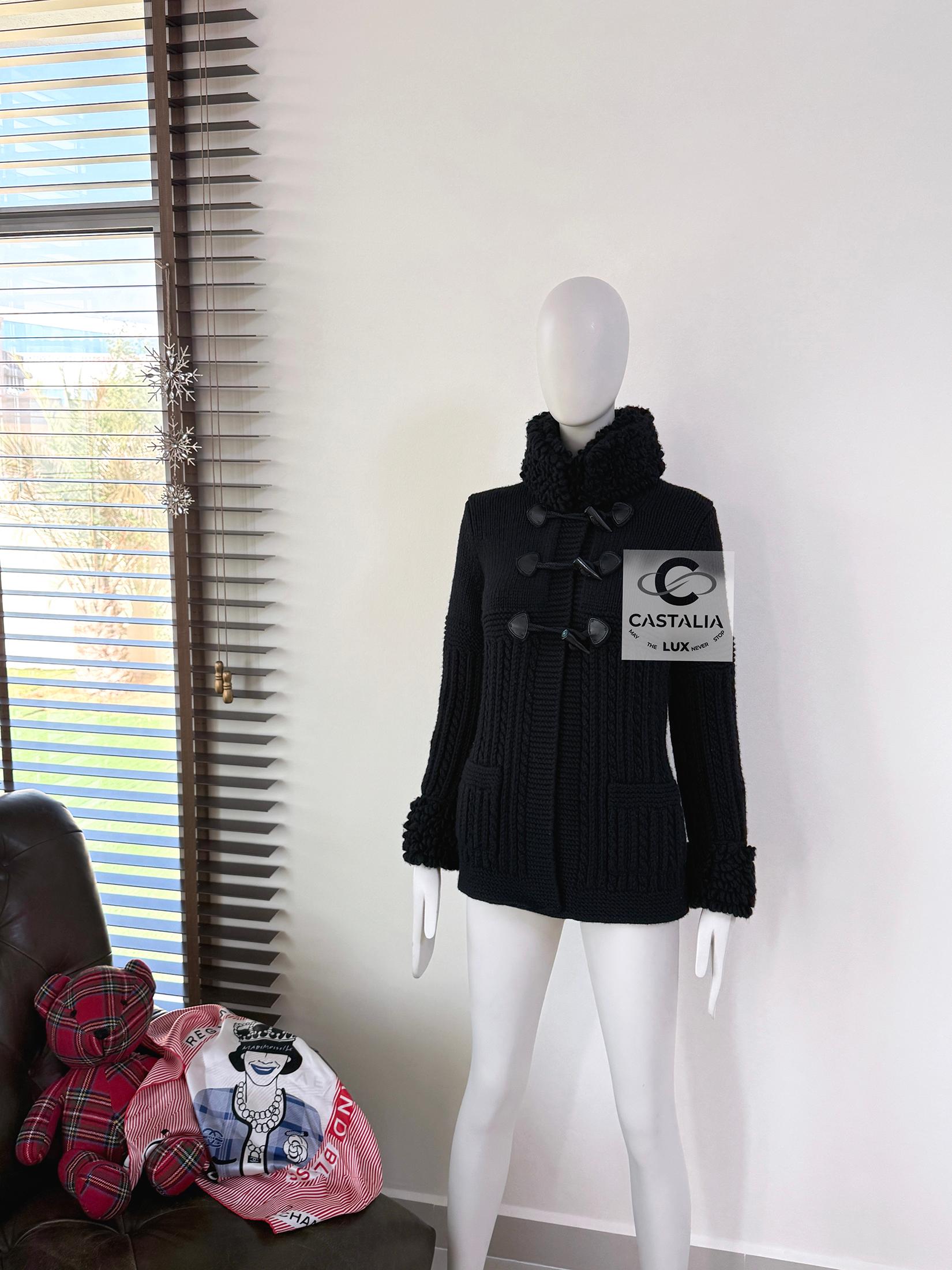 Cutest Chanel black cashmere cardi jacket with fluffy trim at collar and cuffs!
- super soft & very warm 
- CC logo duffle closures at front
- made os 100% cashmere 
Size mark 34 FR / Condition: never worn