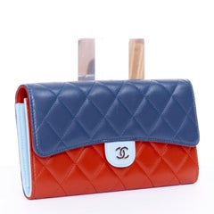 CHANEL cyan tricolor classic quilted lambskin leather CC logo long flap wallet