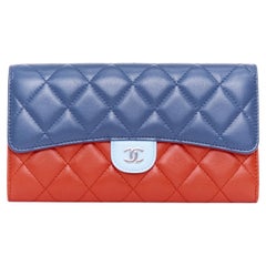 CHANEL cyan tricolor classic quilted lambskin leather CC logo long flap wallet