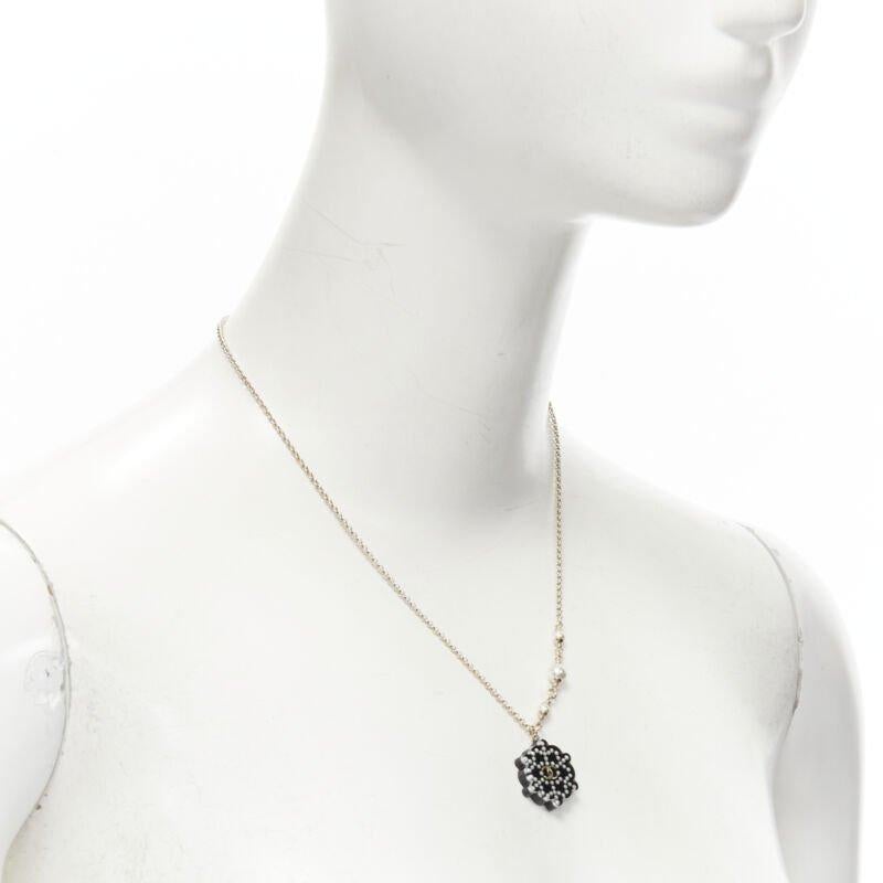 Women's CHANEL D18 CC micro black snowflake acrylic triple pearl embellished necklace