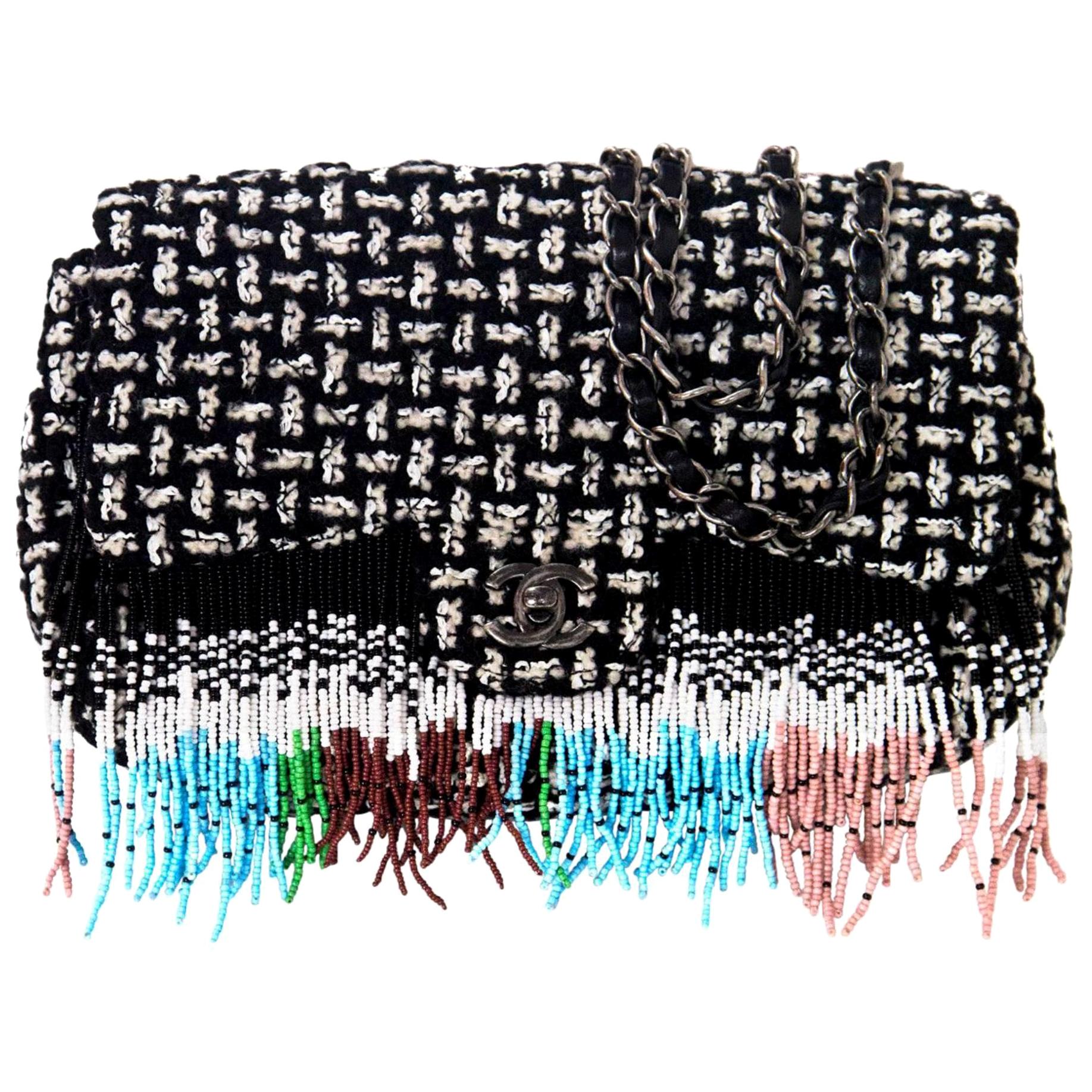 Black Chanel Dallas Metiers D'art Beaded Fringe Tweed Classic Flap Shoulder Bag For Sale