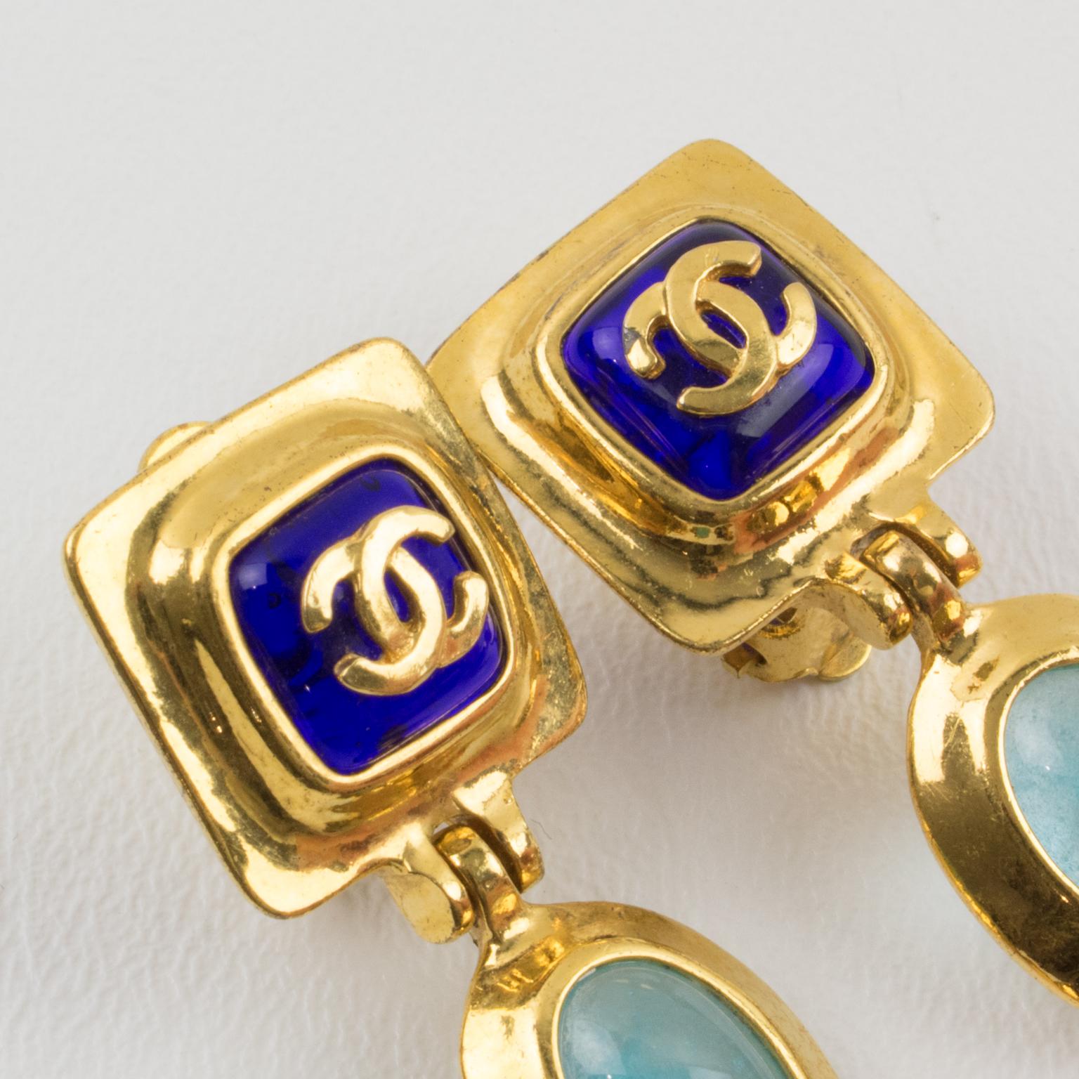 Women's Chanel Dangle Clip Earrings Gripoix Blue Poured Glass Cabochon