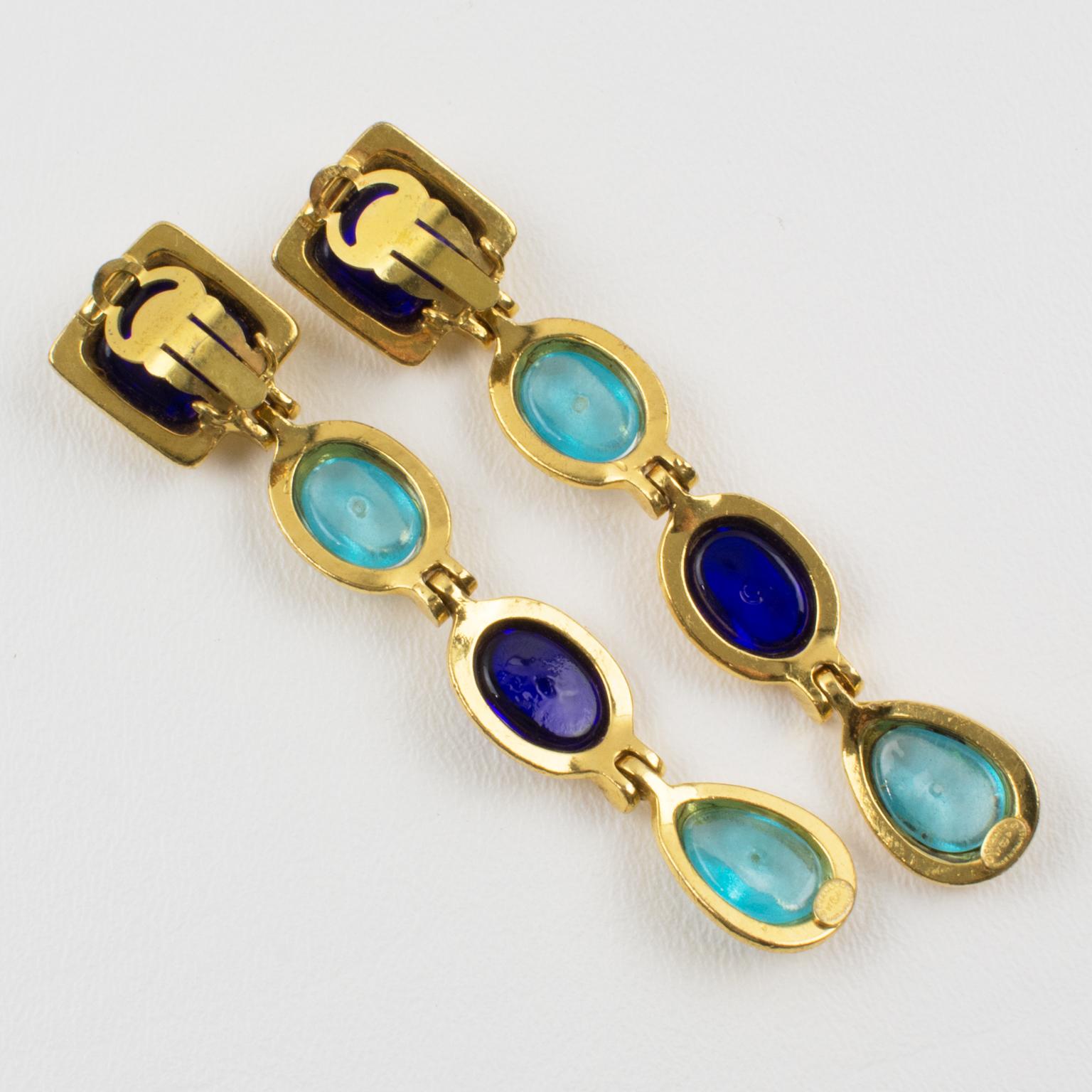 Chanel Dangle Clip Earrings Gripoix Blue Poured Glass Cabochon 1