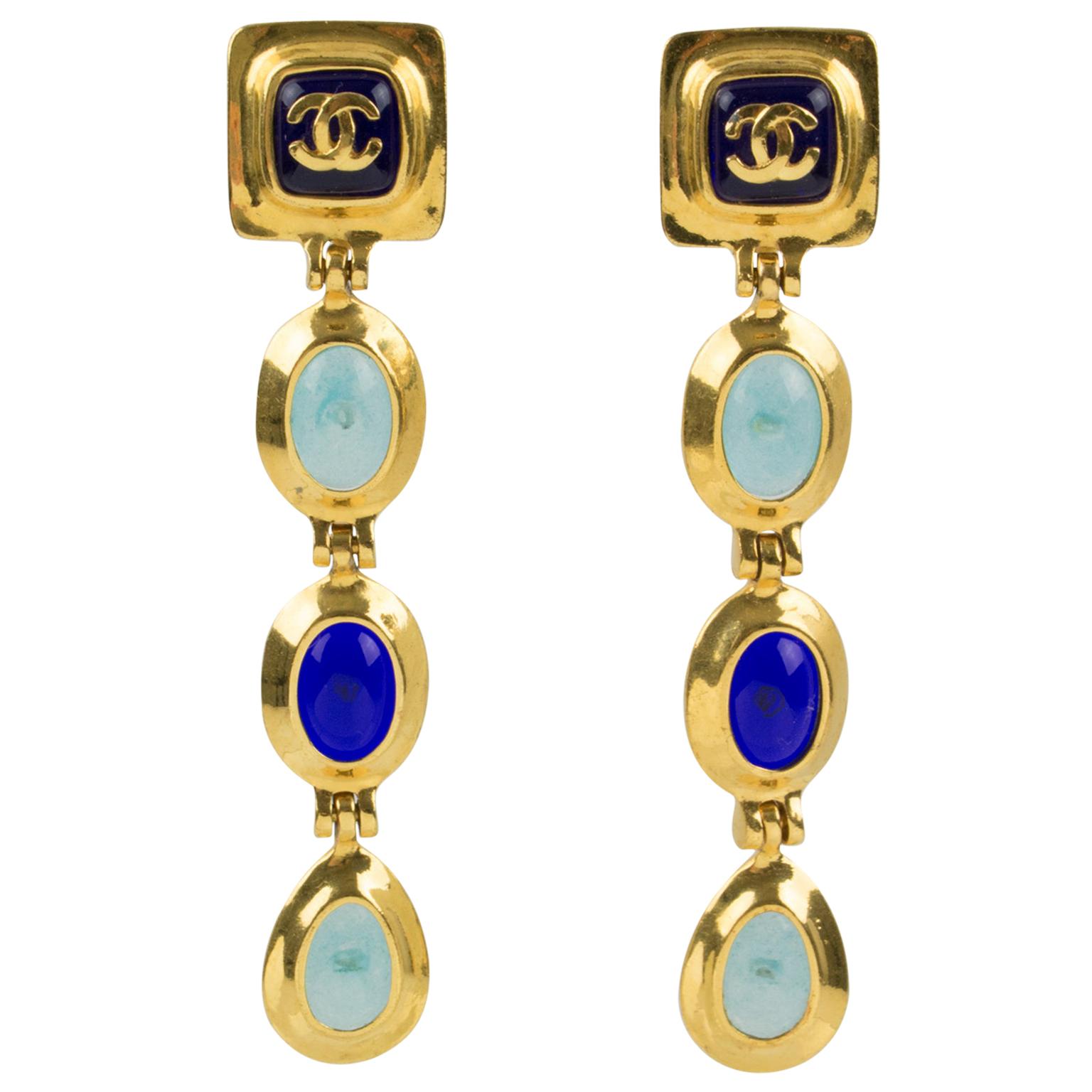 Chanel Dangle Clip Earrings Gripoix Blue Poured Glass Cabochon
