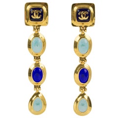 Chanel Dangle Clip Earrings Gripoix Blue Poured Glass Cabochon