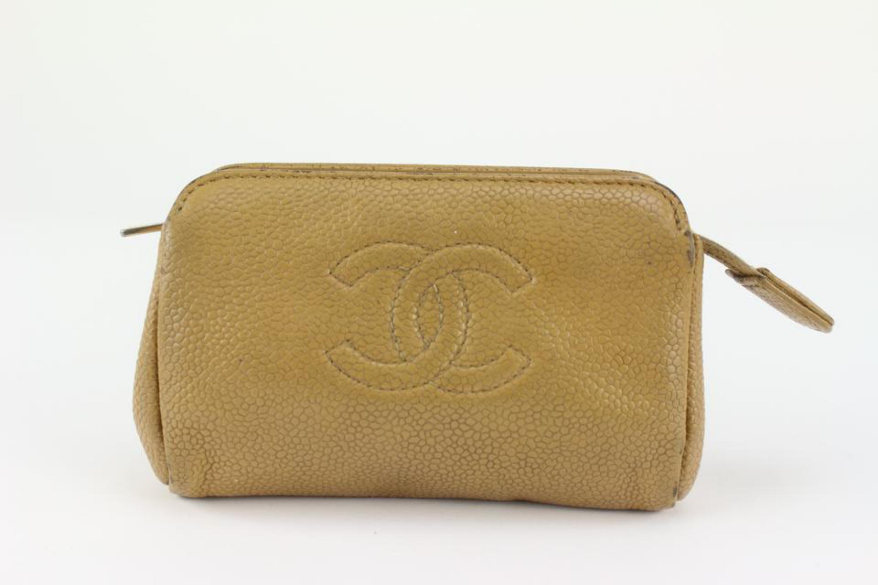 Chanel Dark Beige Caviar Leather CC Logo Cosmetic Pouch Make Up Case 127c25 3