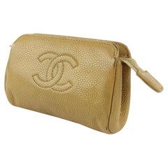 Chanel Dark Beige Caviar Leather CC Logo Cosmetic Pouch Make Up Case 127c25