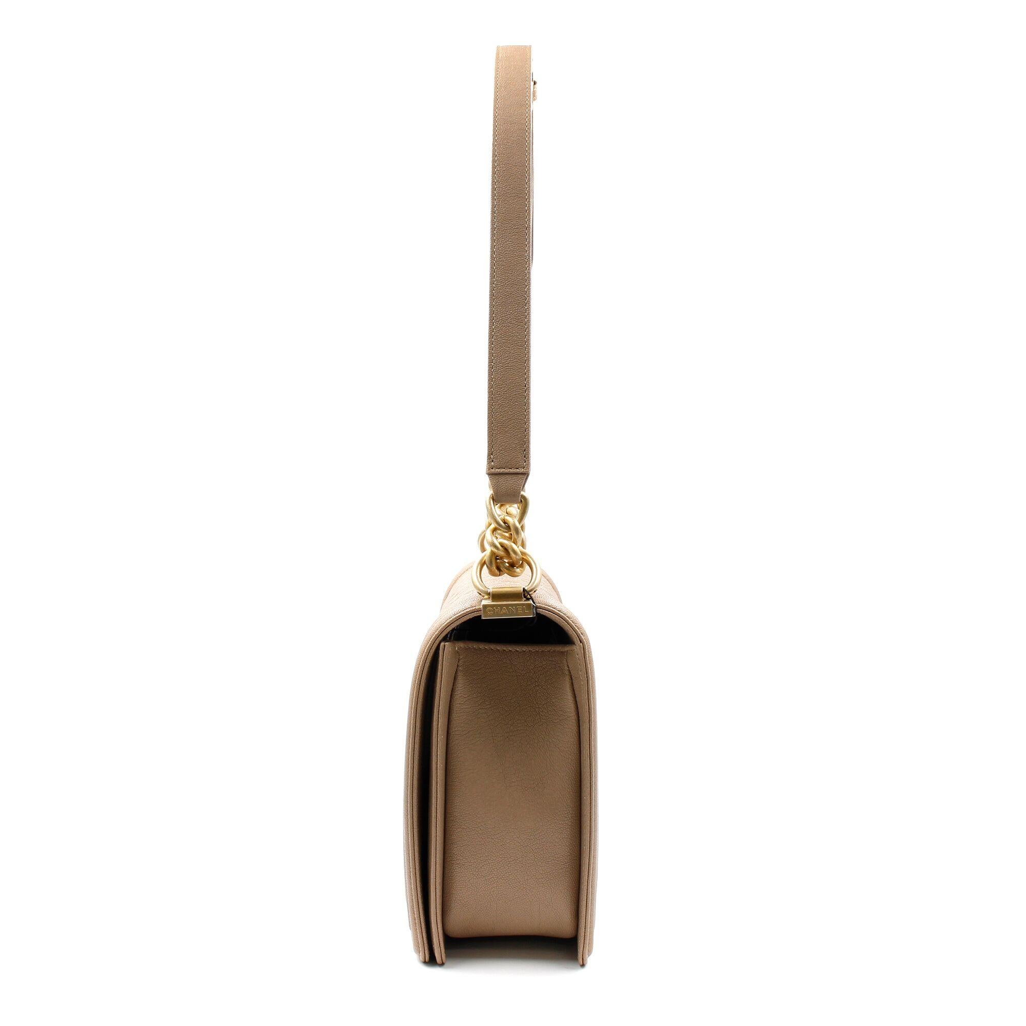 Brown Chanel Dark Beige Grained Calfskin & Gold Tone Metal Large Boy Handbag