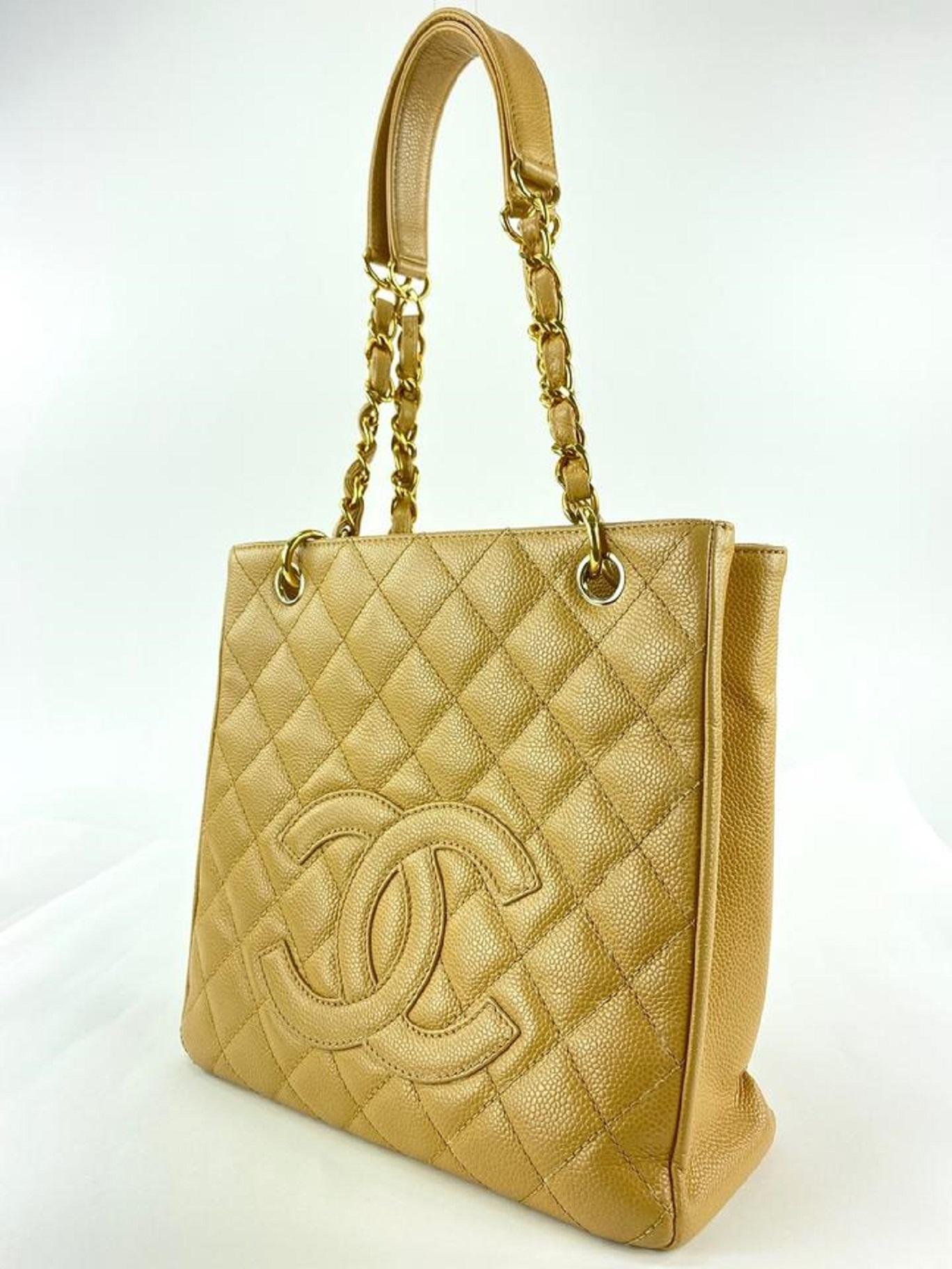 Brown Chanel Dark Beige Quilted Caviar Leather PST Petite Shopping Tote Gold 1120c3