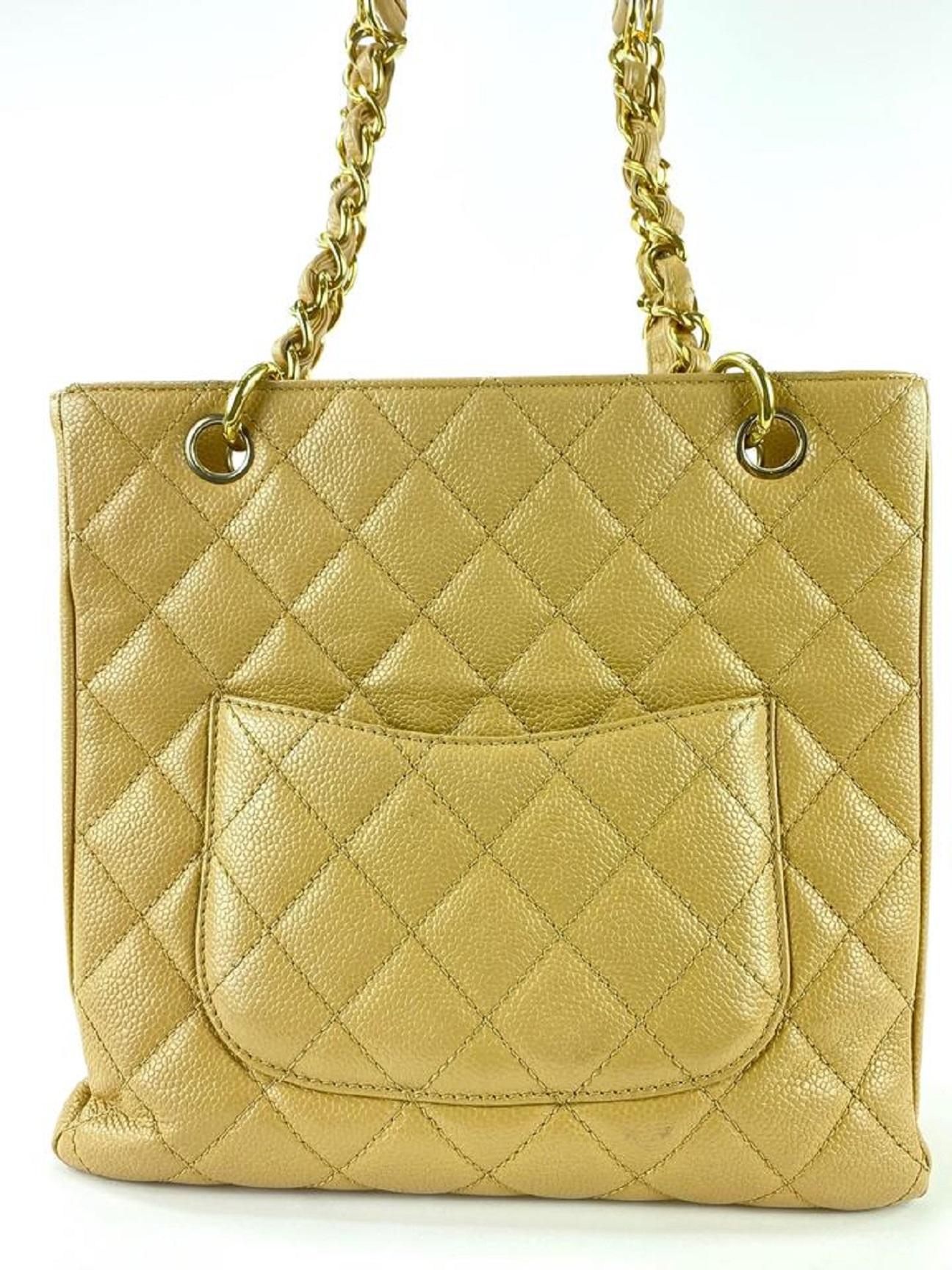 Women's Chanel Dark Beige Quilted Caviar Leather PST Petite Shopping Tote Gold 1120c3