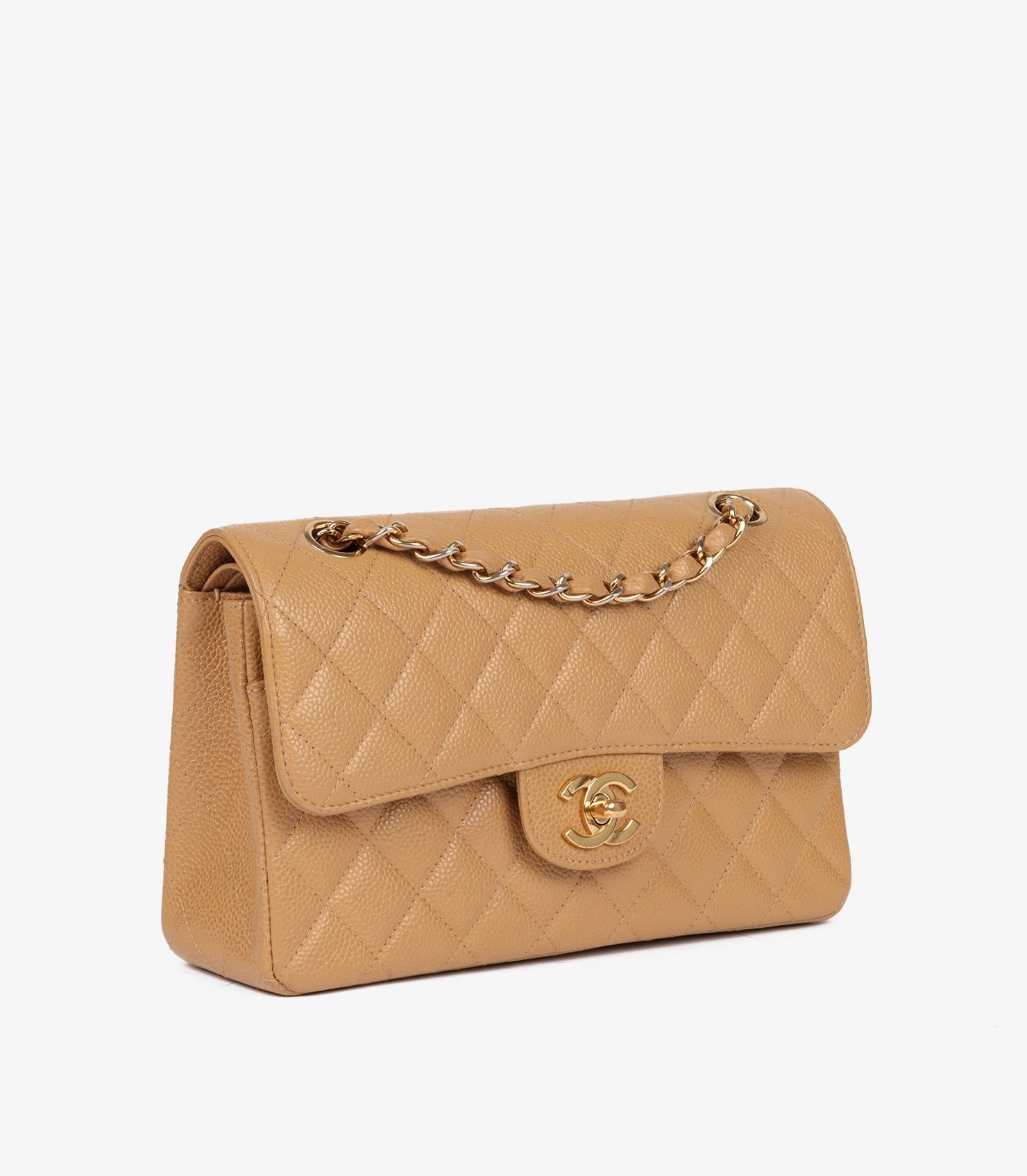 Chanel Dark Beige Quilted Caviar Leather Vintage Small Classic Double Flap Bag In Excellent Condition For Sale In Bishop's Stortford, Hertfordshire
