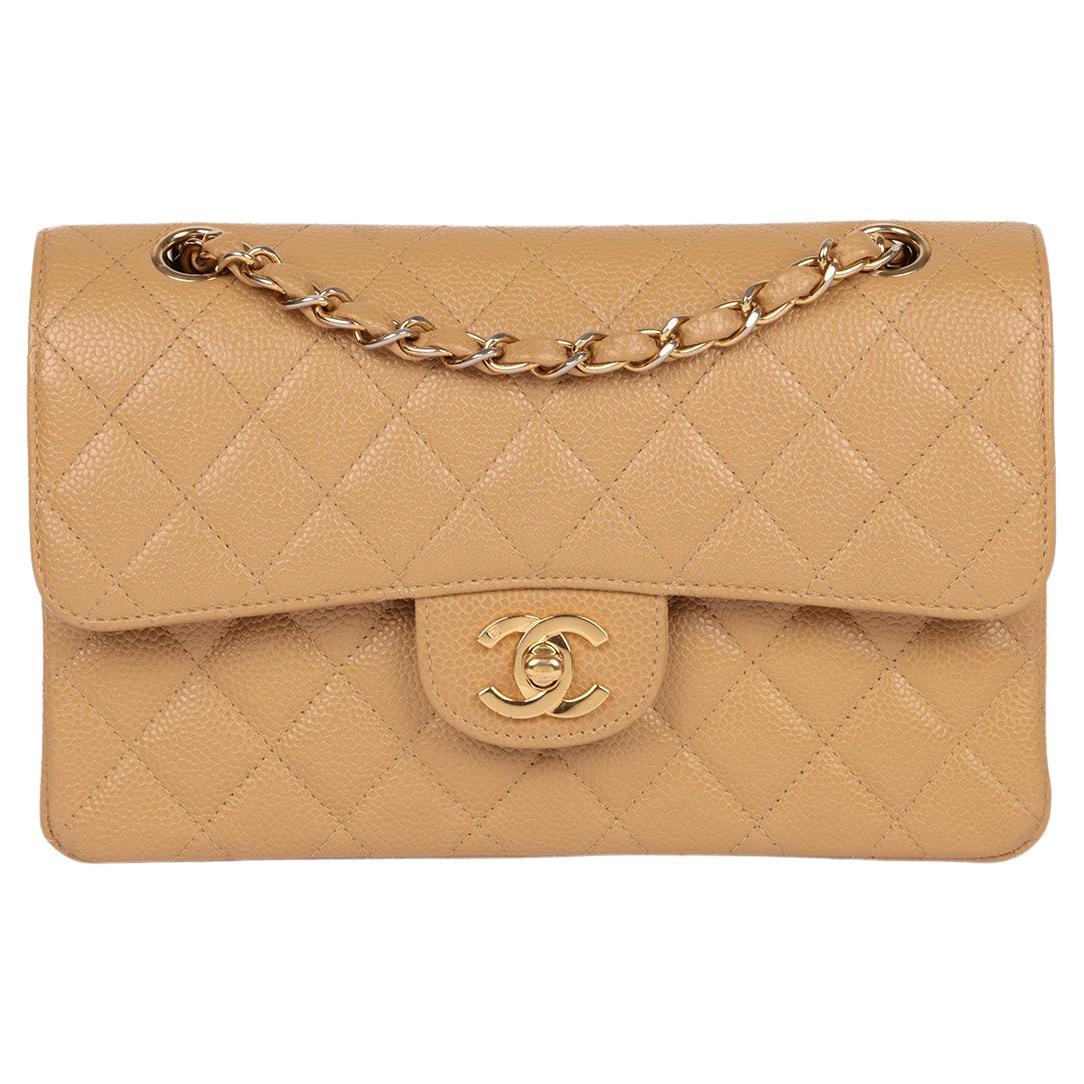 Chanel Dark Beige Quilted Caviar Leather Vintage Small Classic Double Flap Bag For Sale