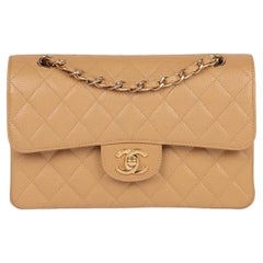 Chanel Dark Beige Quilted Caviar Leather Vintage Small Classic Double Flap Bag