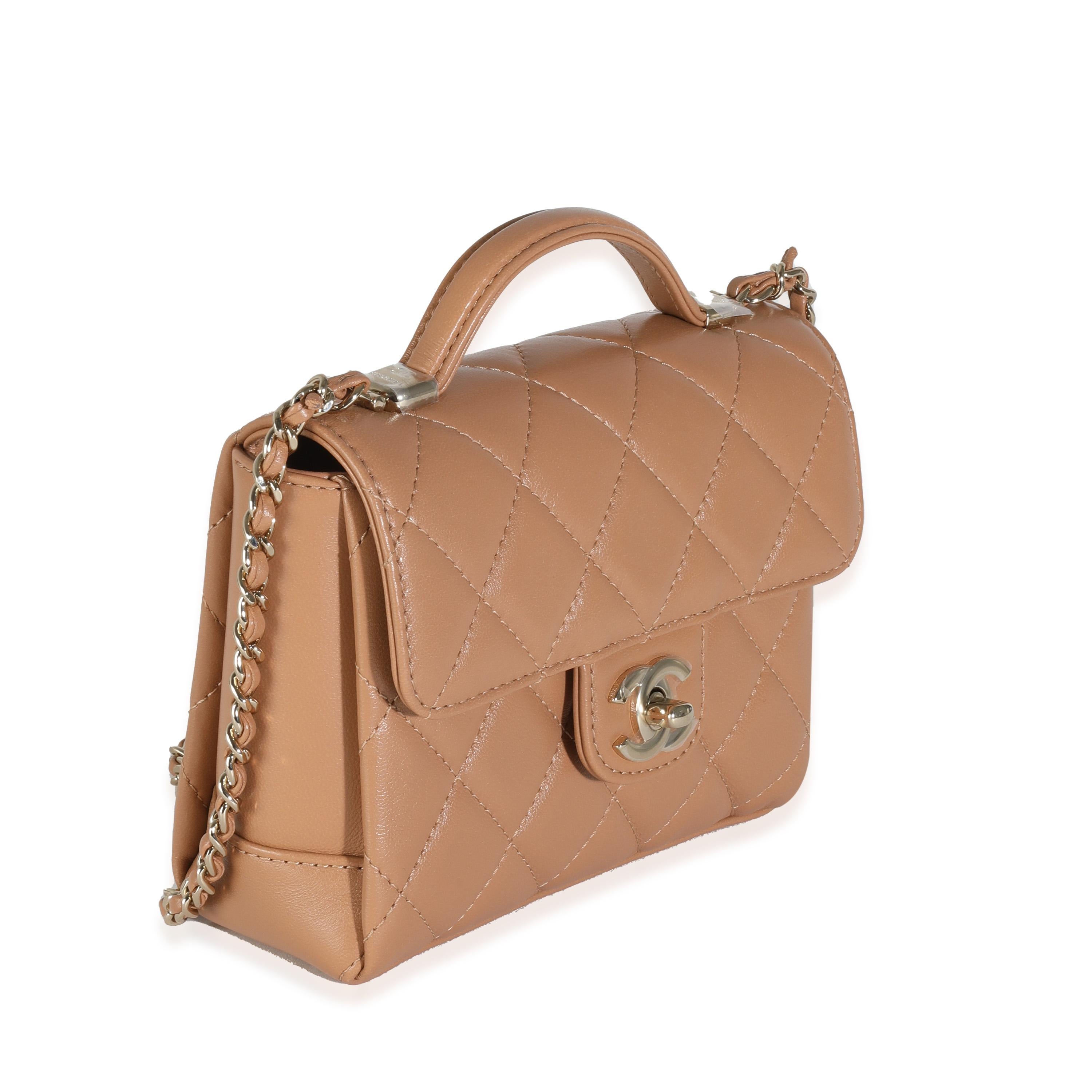 Chanel Dark Beige Quilted Lambskin Mini Flap With Top Handle In Excellent Condition In New York, NY