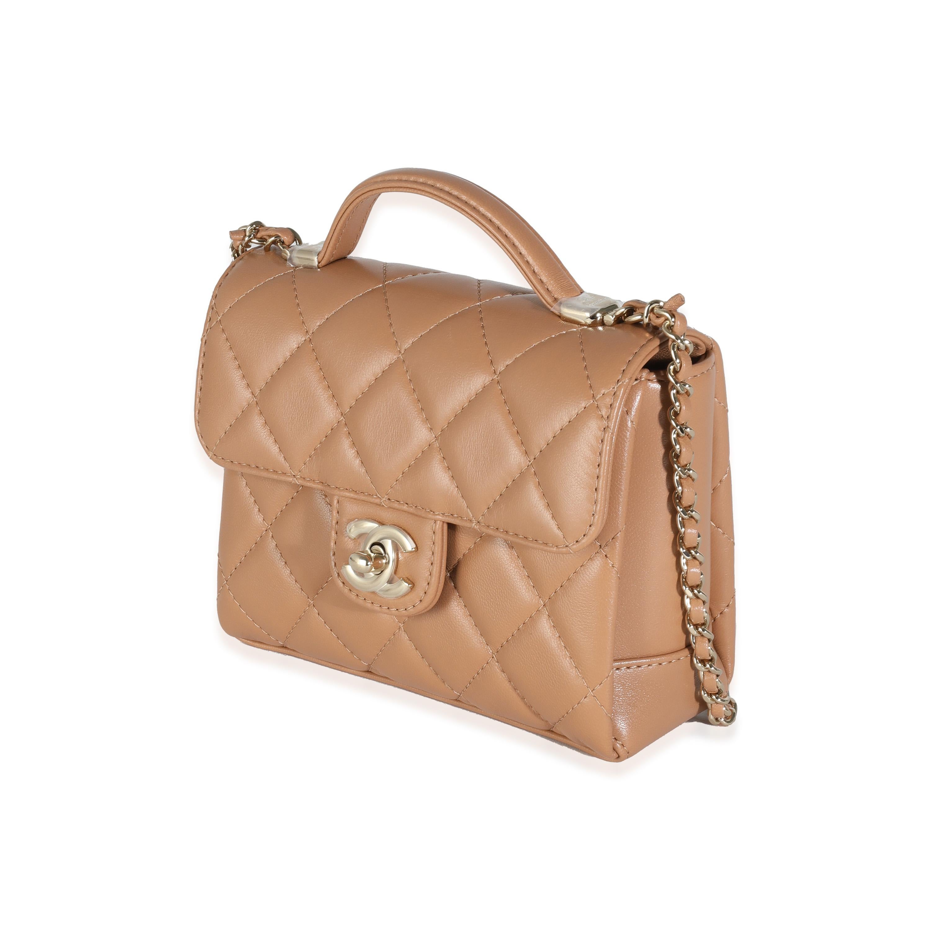 Women's or Men's Chanel Dark Beige Quilted Lambskin Mini Flap With Top Handle