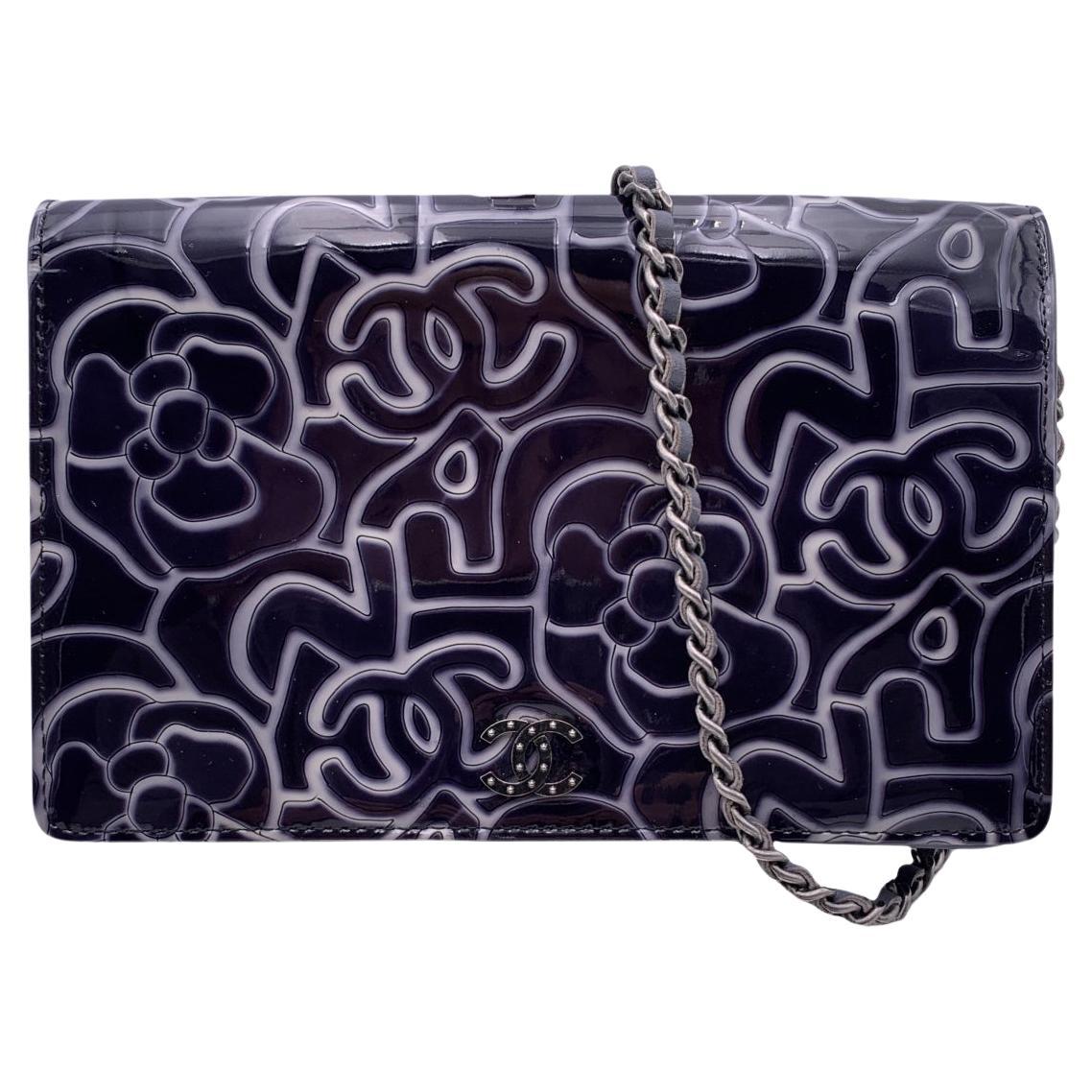 Chanel Dark Blue and White Patent Camellia Wallet on Chain WOC For Sale at  1stDibs