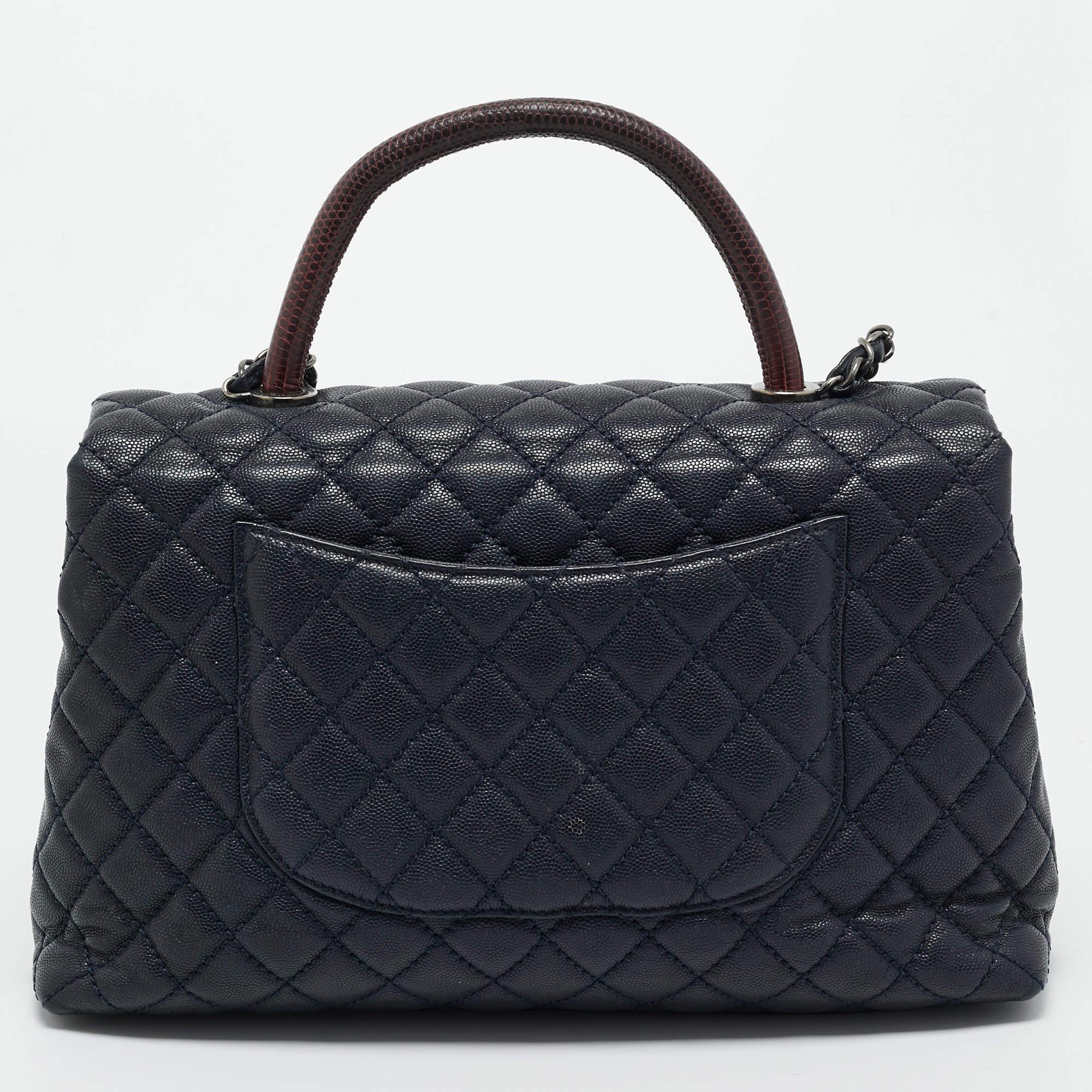 Chanel Dark Blue/Burgundy Quilted Caviar Leather and Lizard Large Coco Top Handl For Sale 1