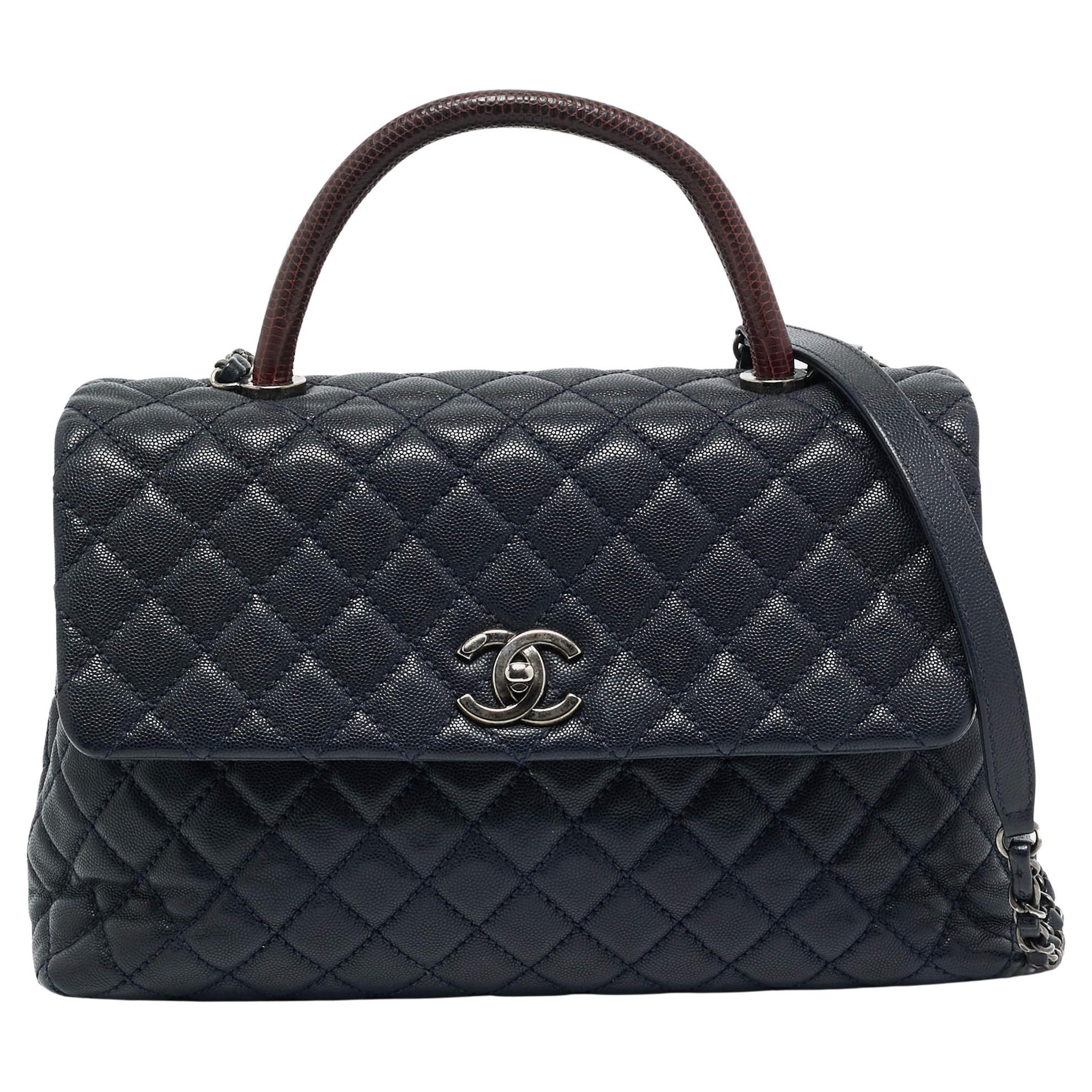 Chanel Dark Blue/Burgundy Quilted Caviar Leather and Lizard Large Coco Top Handl For Sale