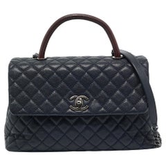 Chanel Dark Blue/Burgundy Quilted Caviar Leather and Lizard Large Coco Top Handl
