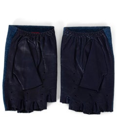 CHANEL dark blue CAMELLIA DENIM & LEATHER FINGERLESS Gloves 7.5