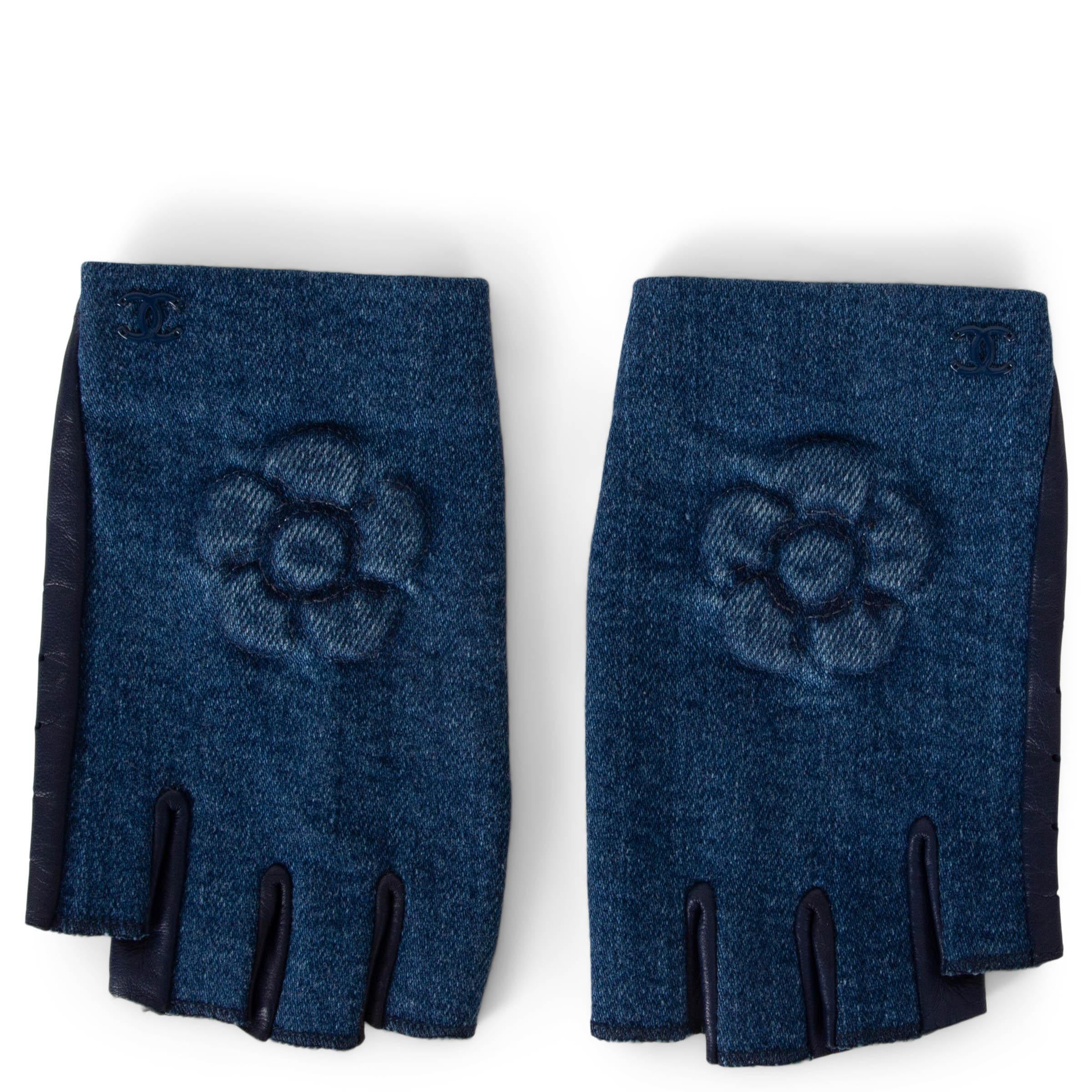 CHANEL dark blue CAMELLIA DENIM & LEATHER FINGERLESS Gloves 7.5