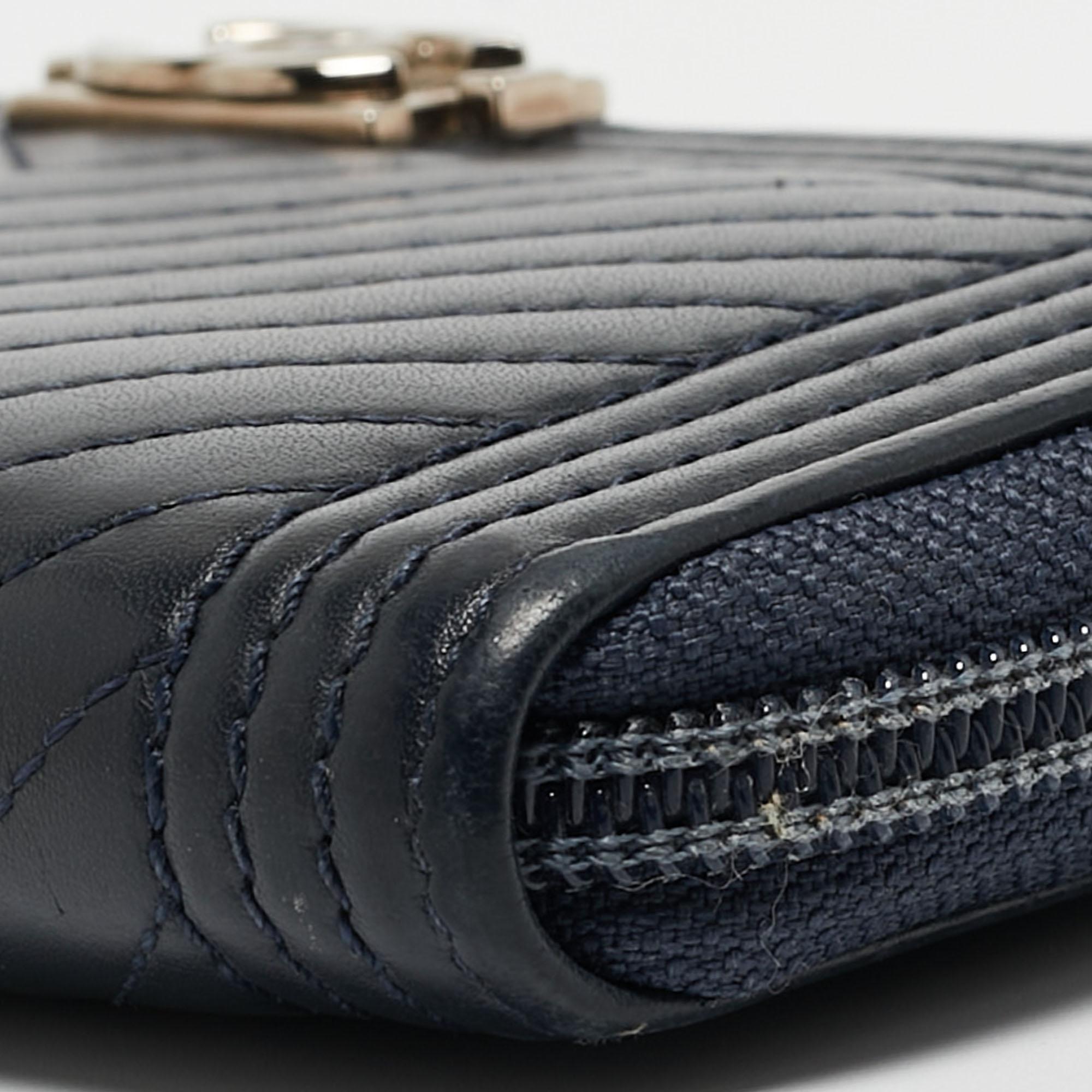 Chanel Dark Blue Chevron Leather Boy Zip Around Wallet For Sale 6