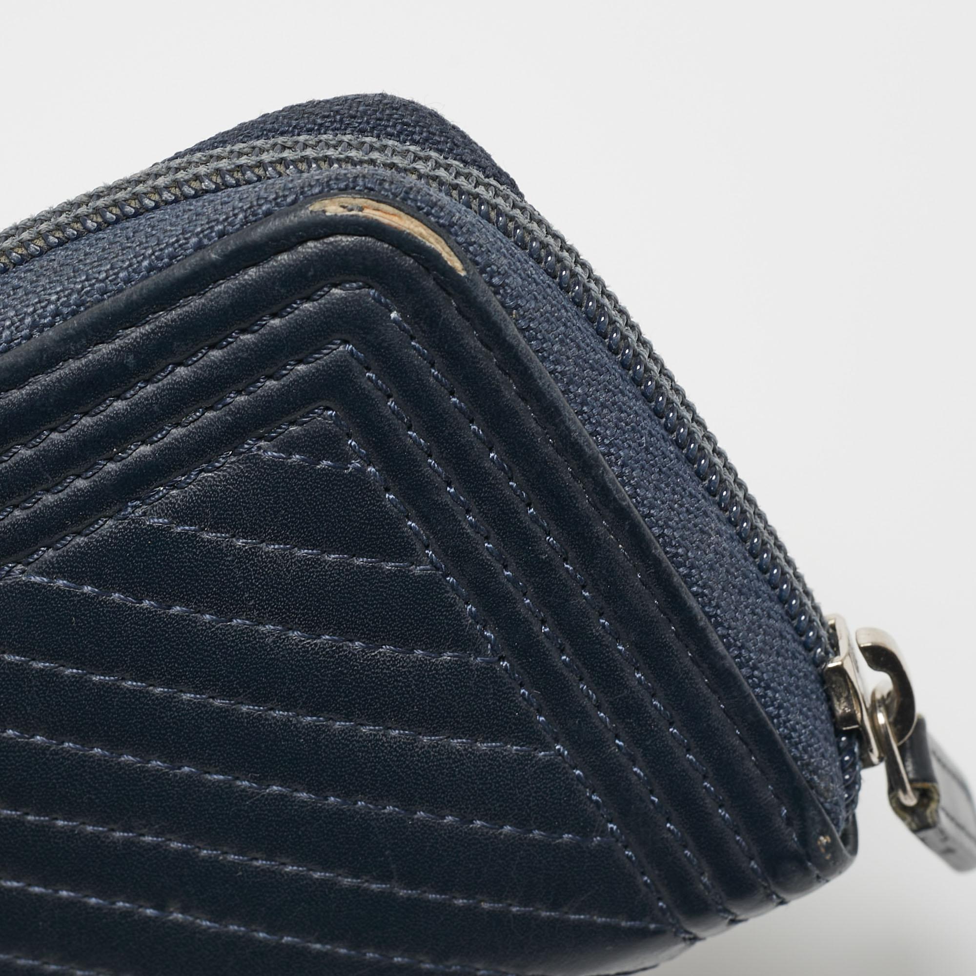 Chanel Dark Blue Chevron Leather Boy Zip Around Wallet For Sale 3