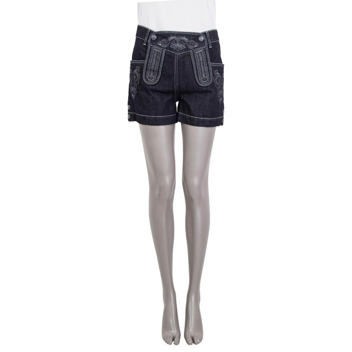 100% authentic Chanel 2015 Salzburg embroidered denim shorts in midnight blue cotton (100%). Feature belt loops and two slit pockets on the front. Open with four buttons on the front. Unlined. Has been worn and is in excellent