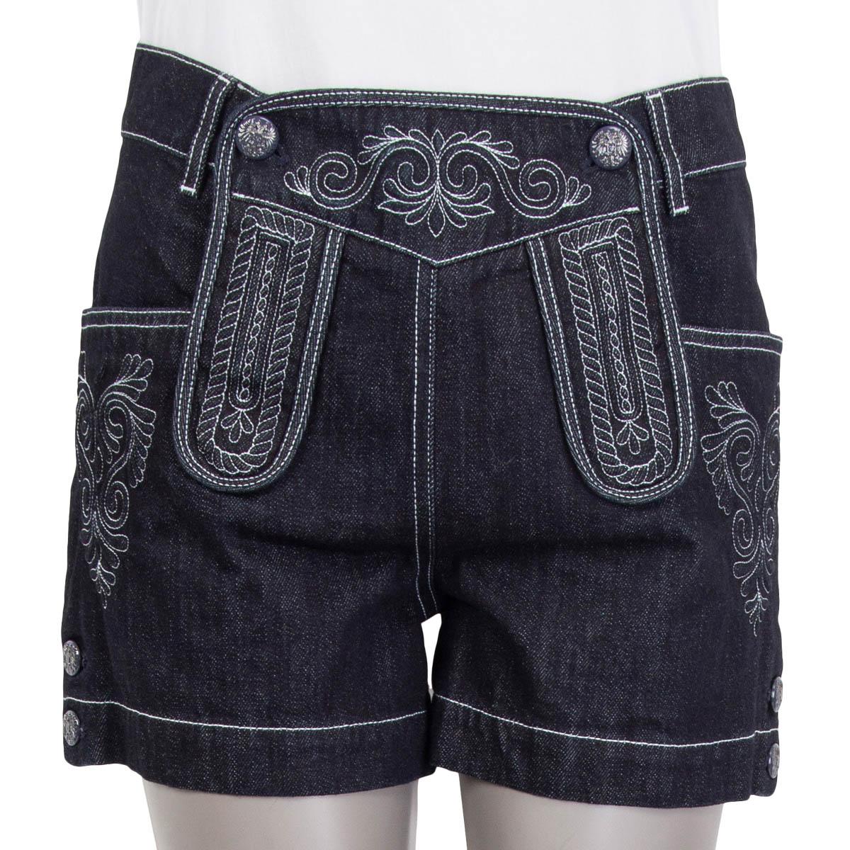 Black CHANEL dark blue cotton 2015 SALZBURG EMBROIDERED DENIM Shorts Pants 38 S For Sale