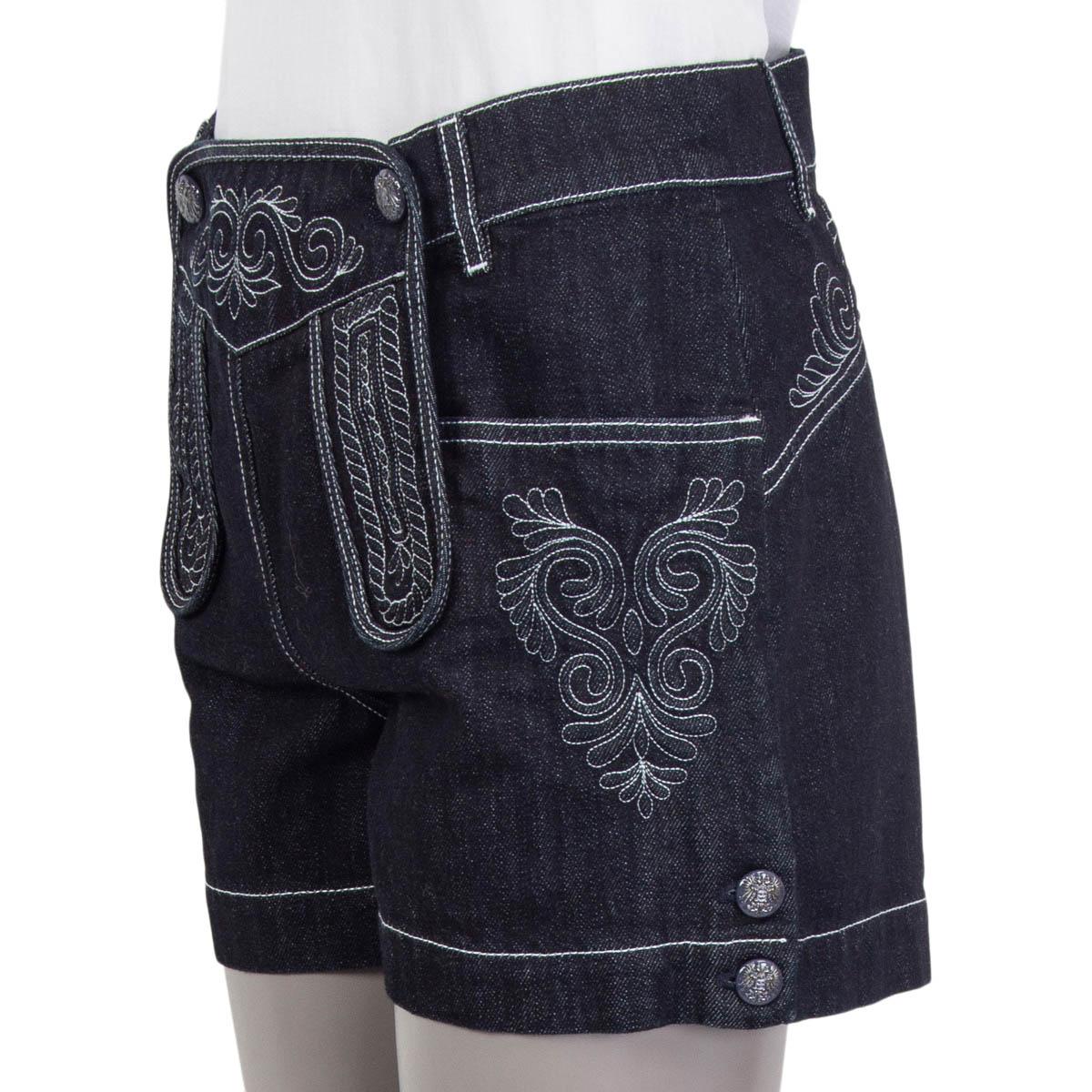 Women's CHANEL dark blue cotton 2015 SALZBURG EMBROIDERED DENIM Shorts Pants 38 S For Sale