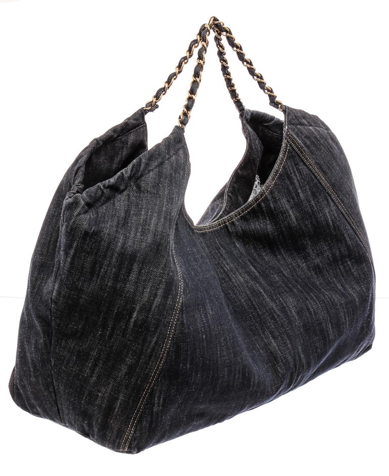 Canvas Solid Color Women's Chain Shoulder Bag, Large Capacity Denim Handbag