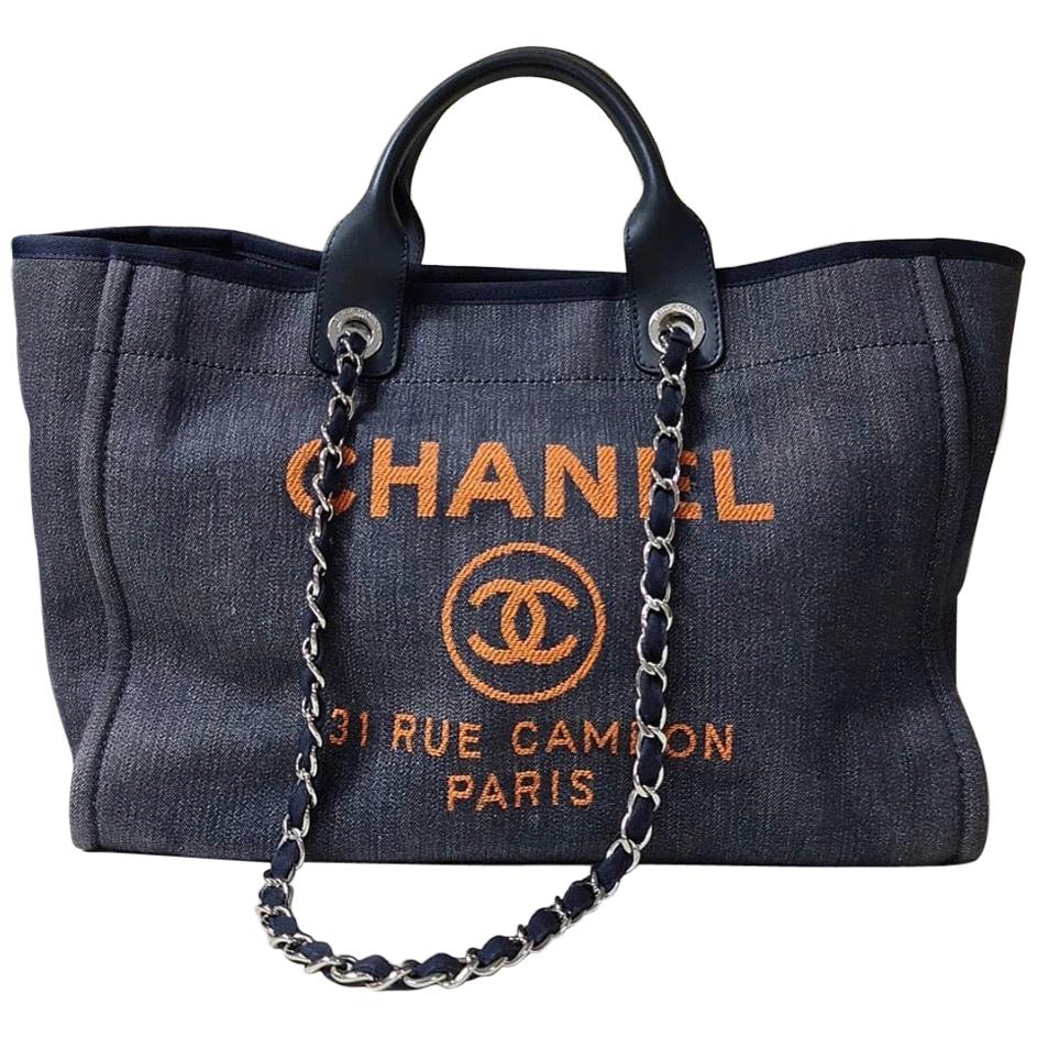 Chanel Dark Blue Denim Deauville Large Tote Bag with Orange