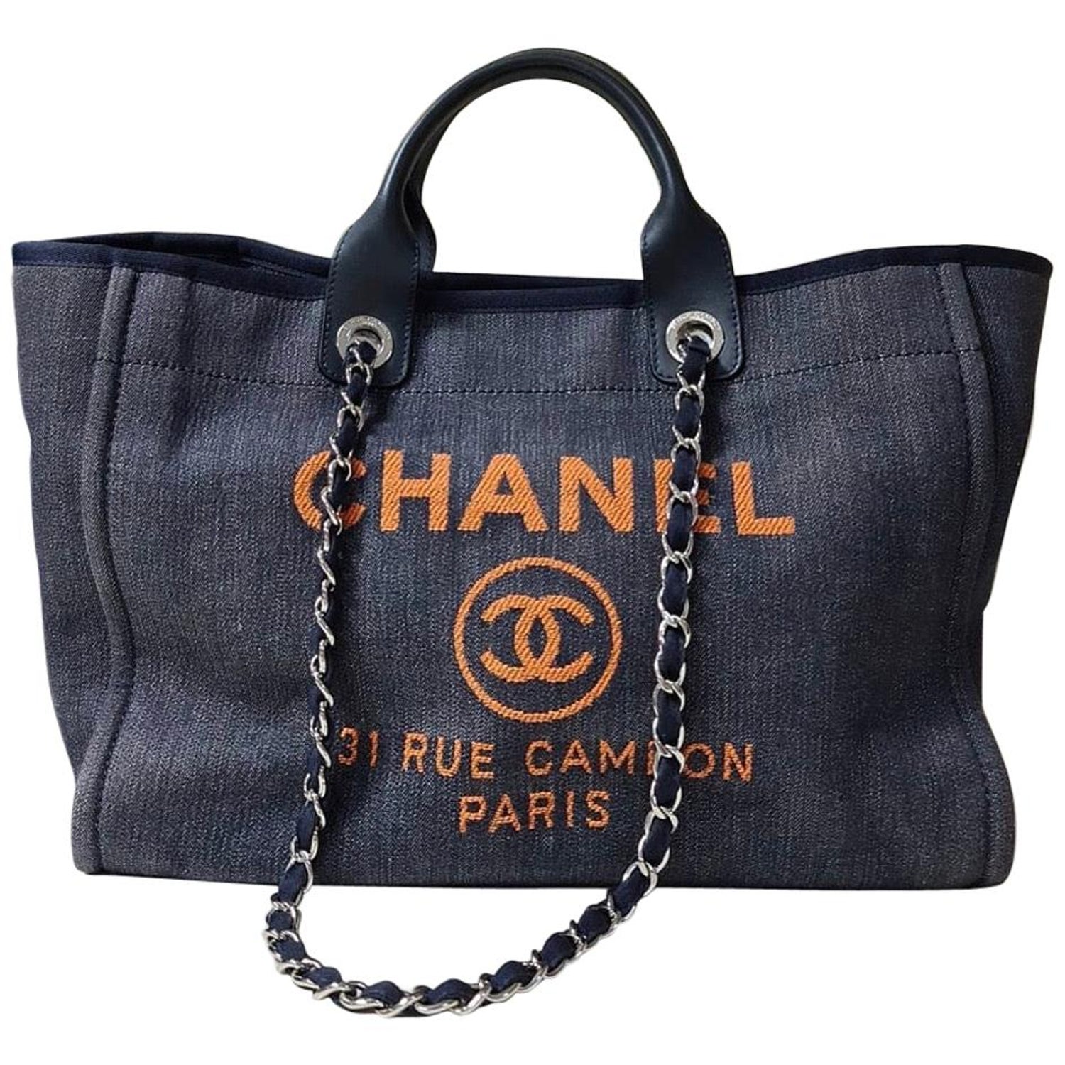 Chanel Dark Blue Denim Deauville Large Tote Bag with Orange Letters at  1stDibs