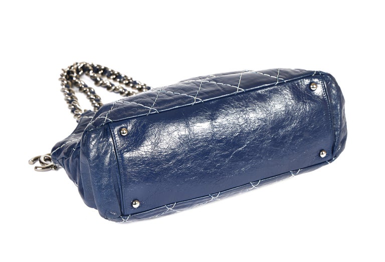 Chanel Blue Distressed Quilted Denim Medium Single Flap Bag Chanel