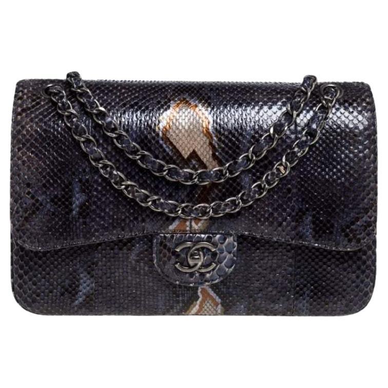 Chanel Python Exotic Mini Chanel Dark Blue Exotic Python Gunmetal Hardware Jumbo Shoulder Flap ...