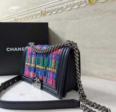 Chanel Dark Blue Lambskin Leather Woven PVC Medium Boy Chanel Bag