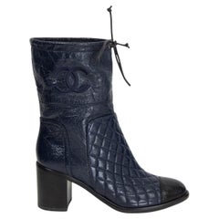 CHANEL dark blue leather 2018 QUILTED MID CALF BLOCK HEEL Boots Shoes 38.5