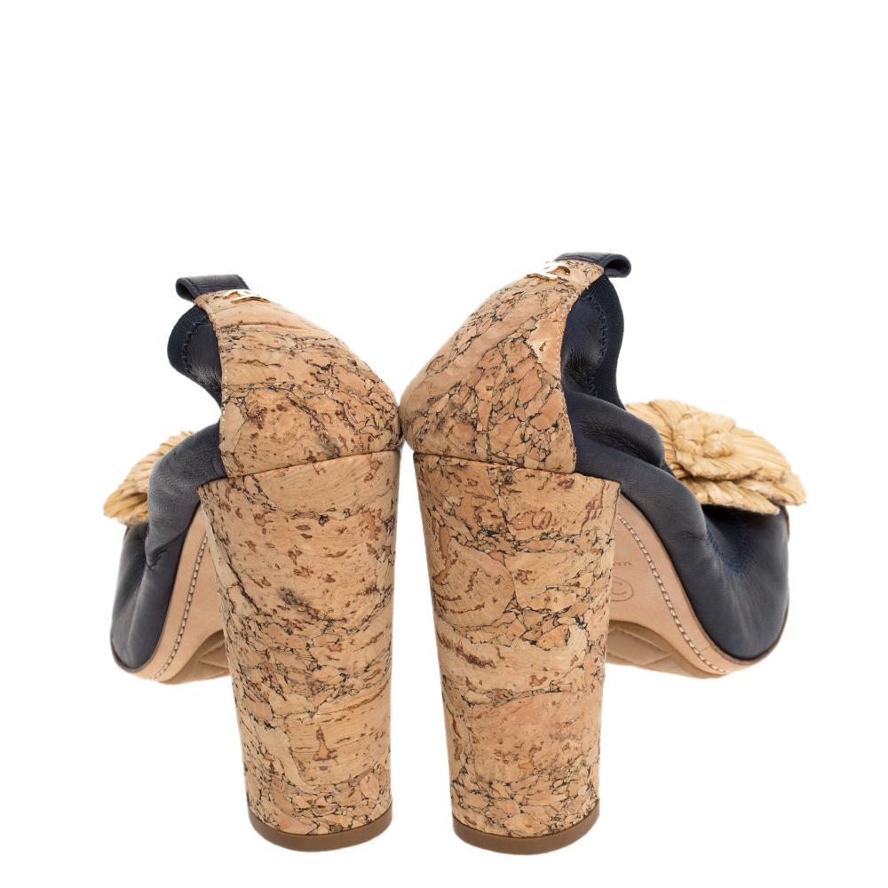 Chanel Dark Blue Leather And Raffia Camellia Scrunch Cork Block Heel Pumps Size  1