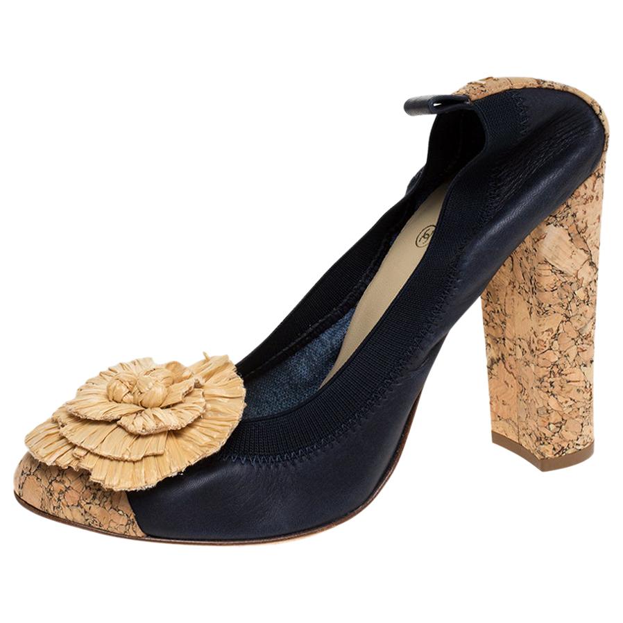 Chanel Dark Blue Leather And Raffia Camellia Scrunch Cork Block Heel Pumps Size 