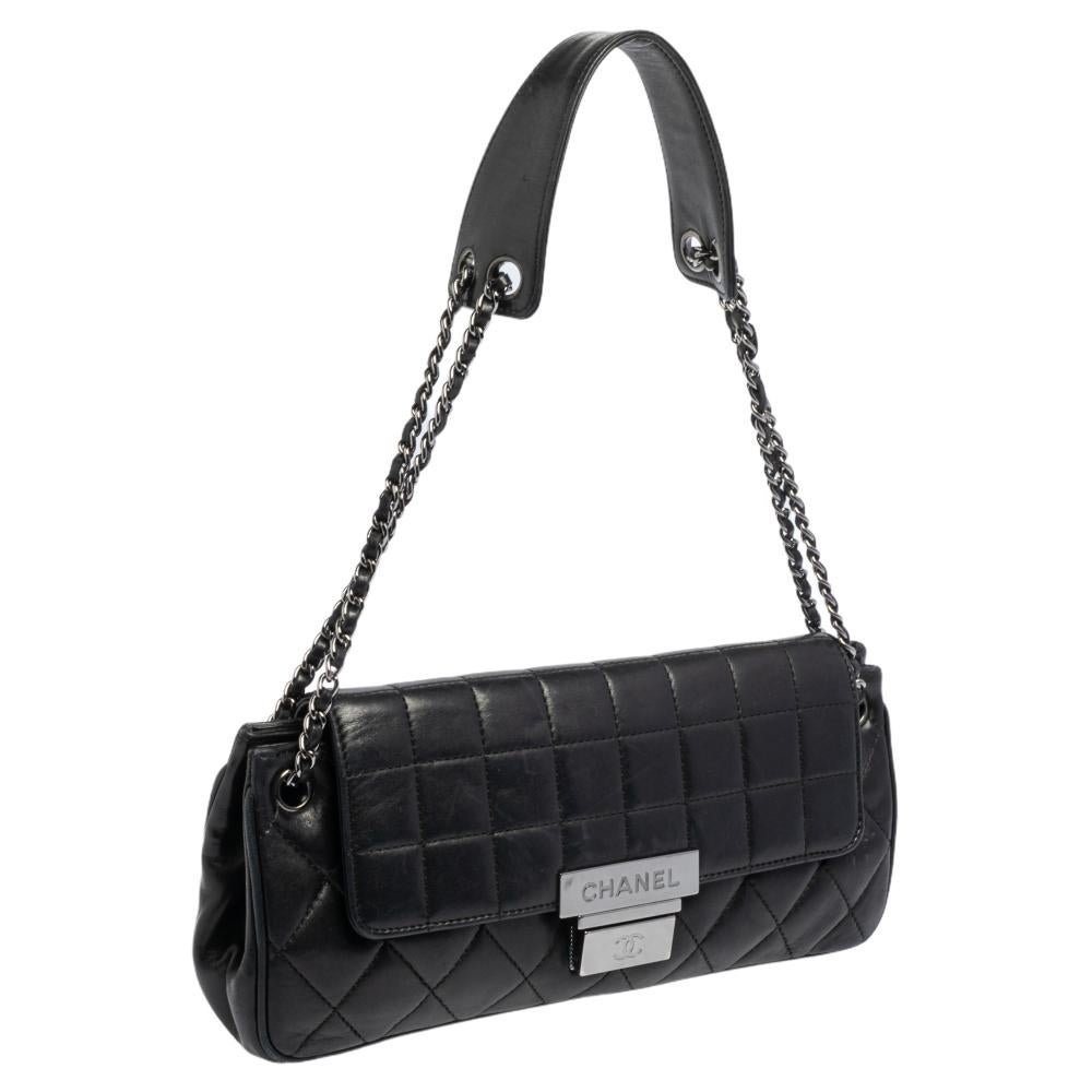 Black Chanel Dark Blue Leather Push Lock Accordion Flap Bag